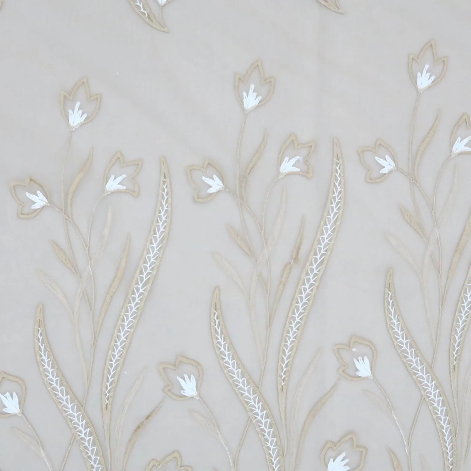 Beige Tulle with Ivory and Bronze Floral Design Embroidered Fabric