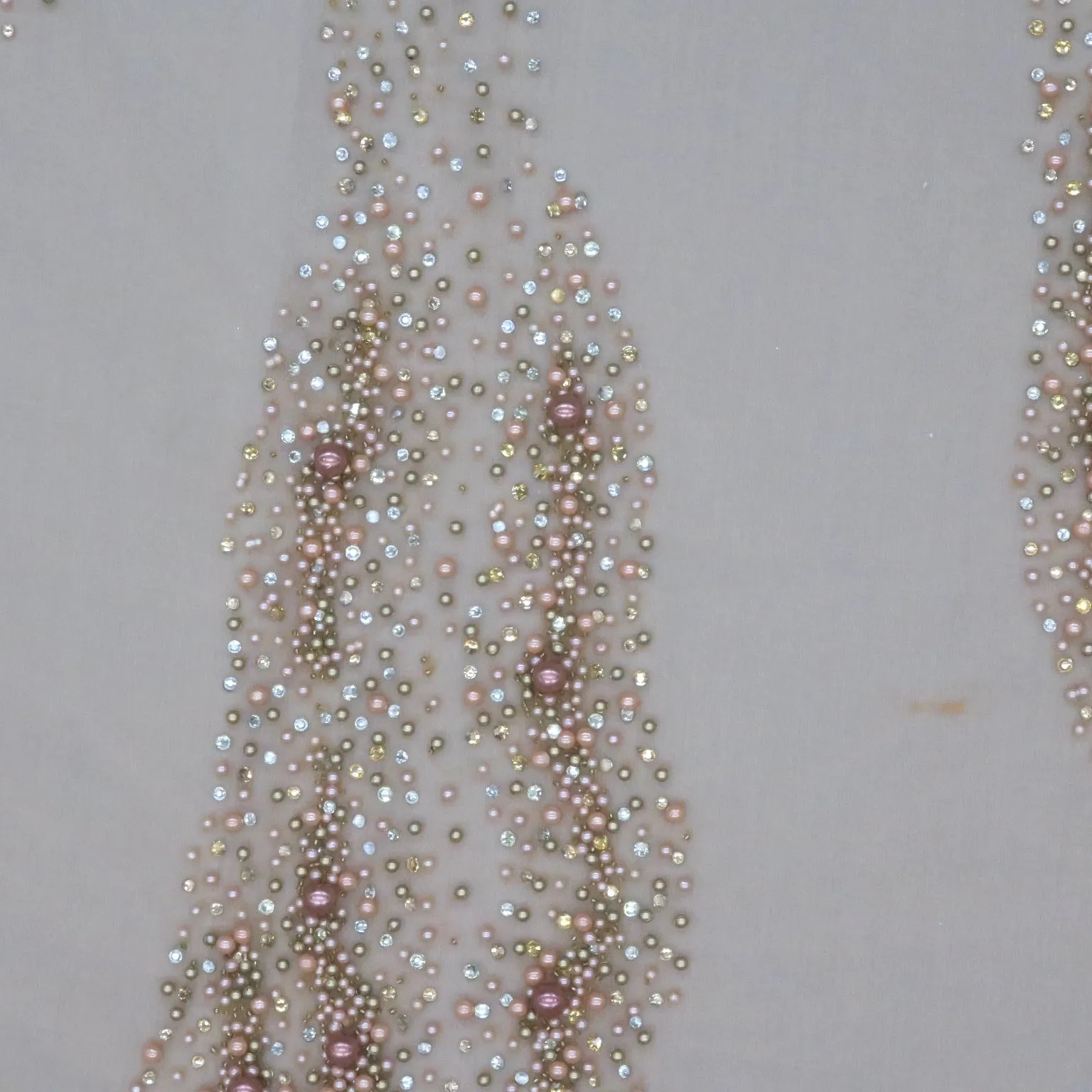 Beige Tulle with Pink Silver Gold Pearls and Rhinestones Embroidered Fabric