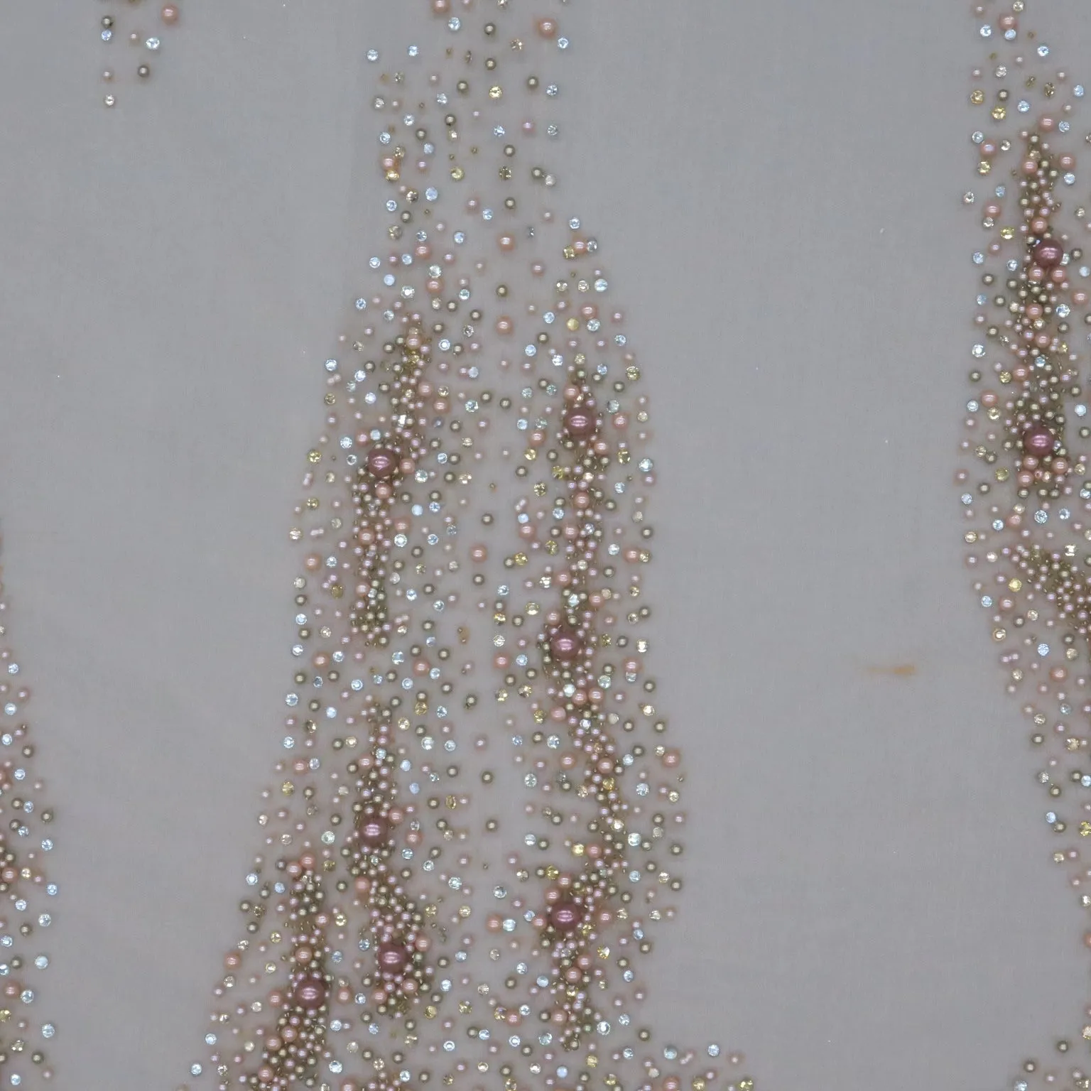 Beige Tulle with Pink Silver Gold Pearls and Rhinestones Embroidered Fabric