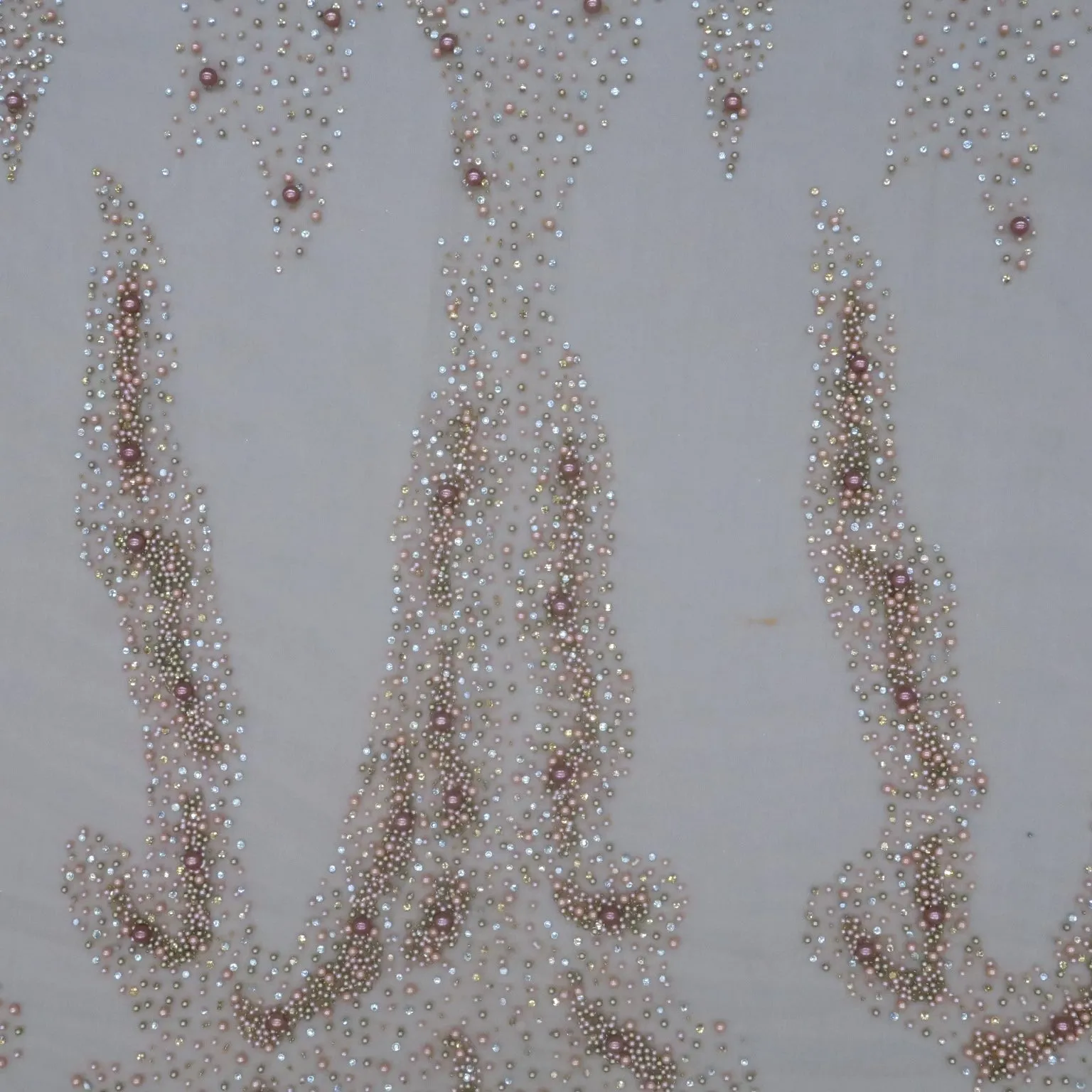 Beige Tulle with Pink Silver Gold Pearls and Rhinestones Embroidered Fabric
