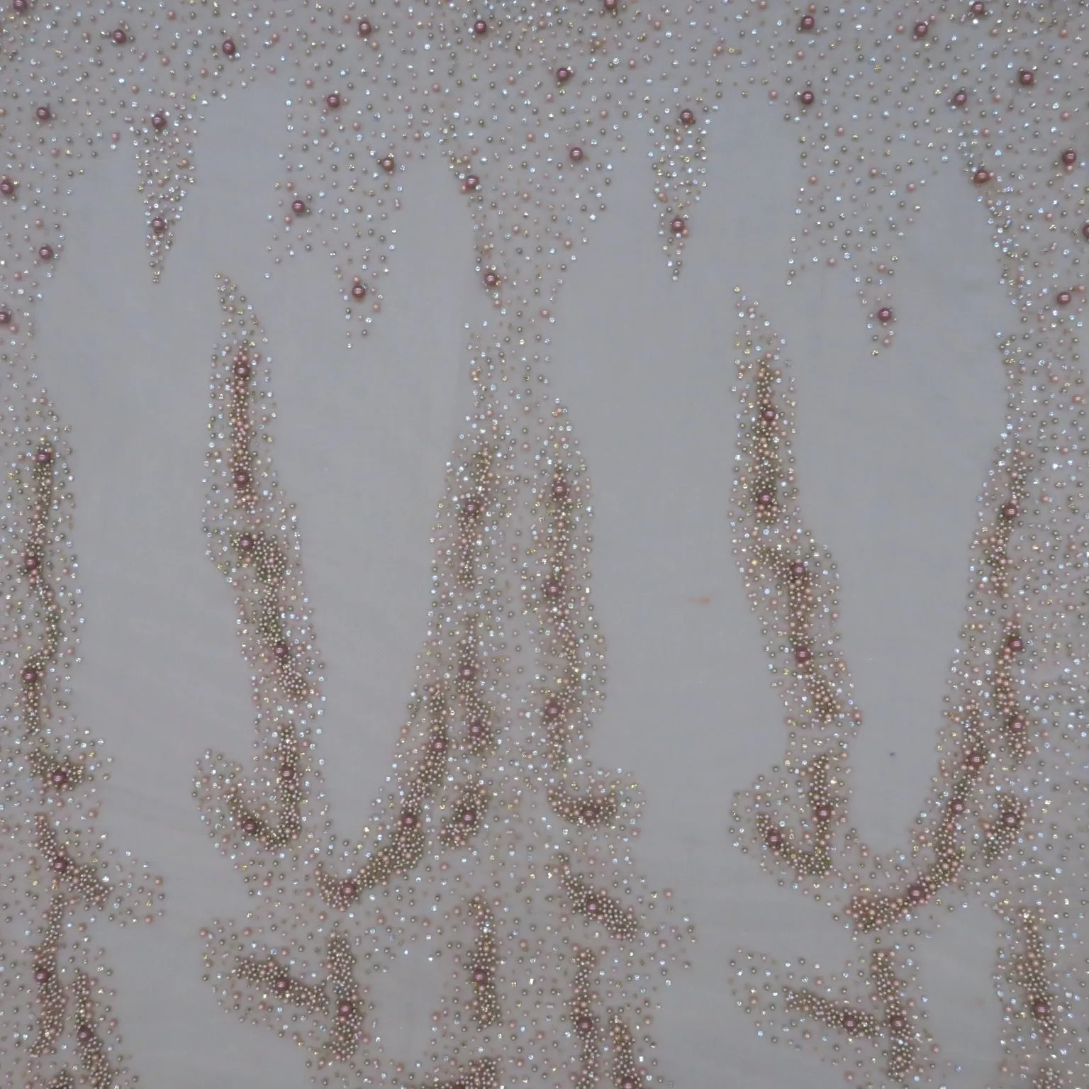 Beige Tulle with Pink Silver Gold Pearls and Rhinestones Embroidered Fabric