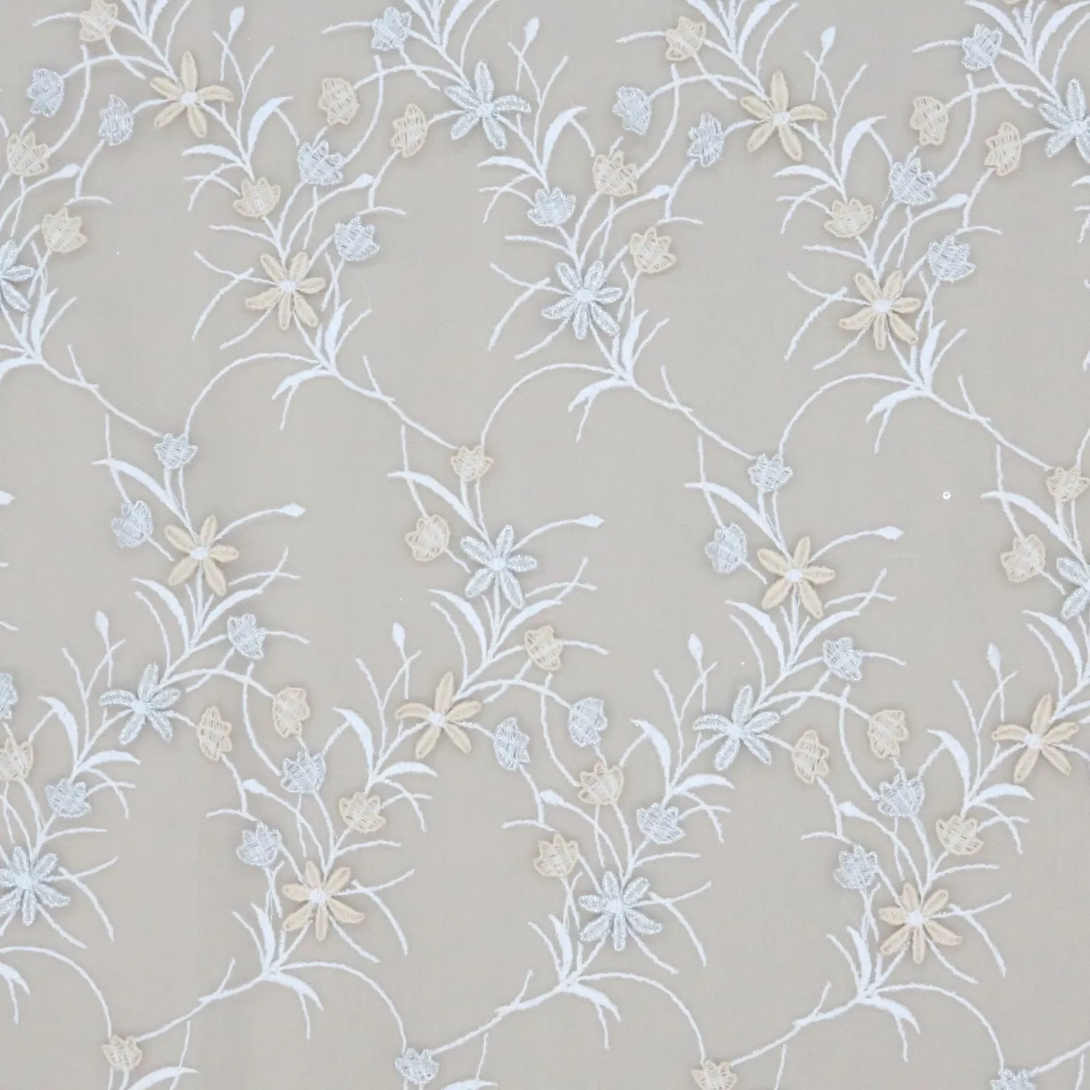 Beige Tulle with Silver and Champagne 3D Floral Design Embroidered Fabric