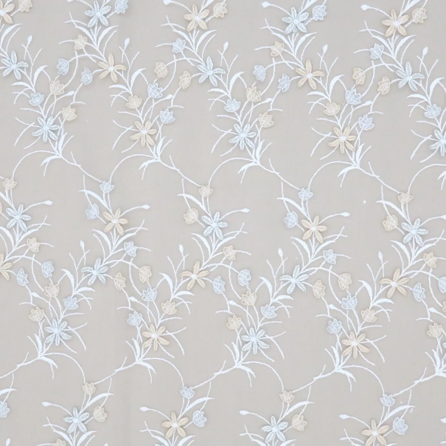 Beige Tulle with Silver and Champagne 3D Floral Design Embroidered Fabric