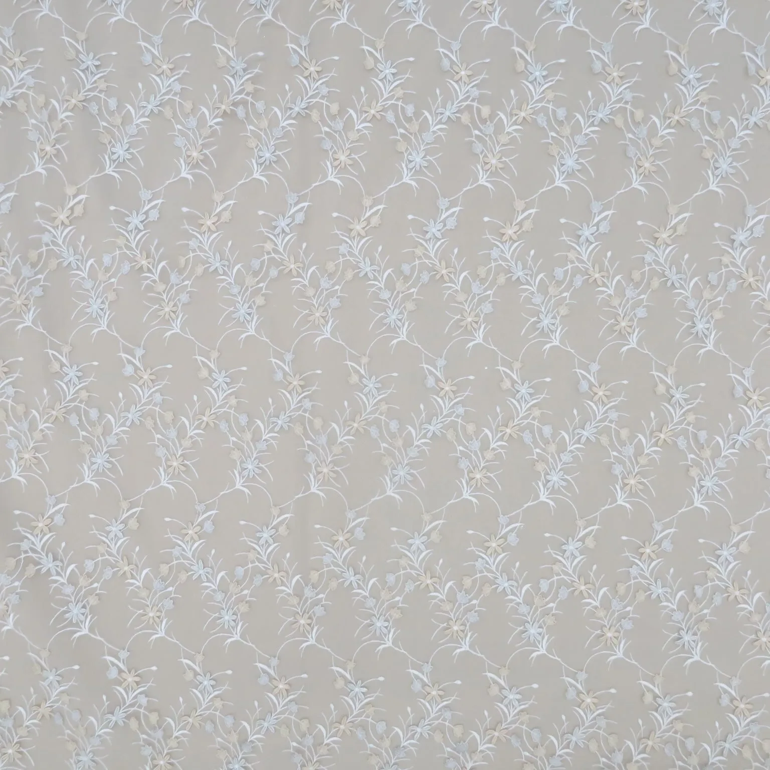 Beige Tulle with Silver and Champagne 3D Floral Design Embroidered Fabric