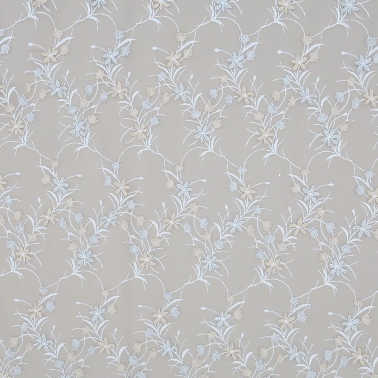Beige Tulle with Silver and Champagne 3D Floral Design Embroidered Fabric