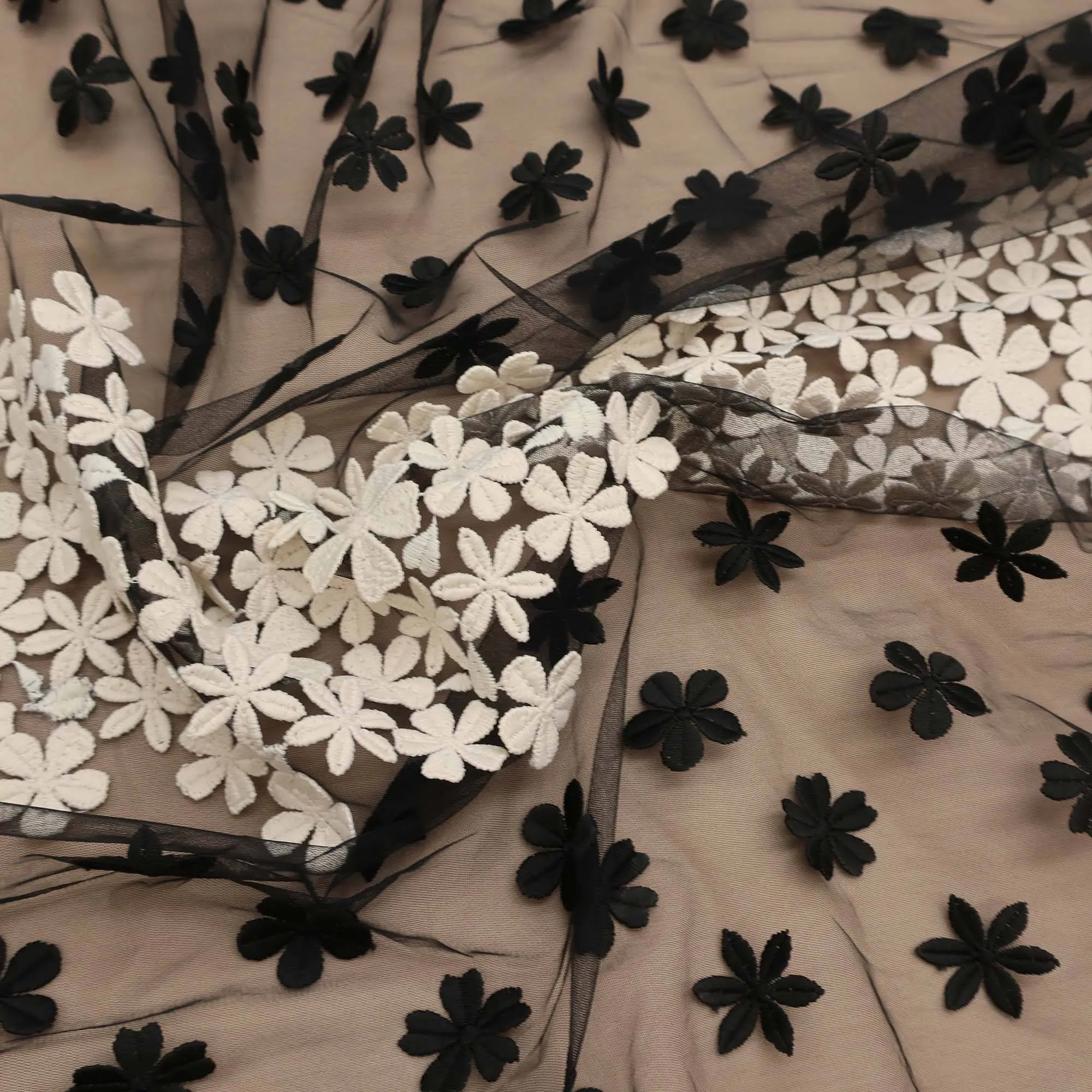 Black and White Floral Embroidered Tulle Fabric