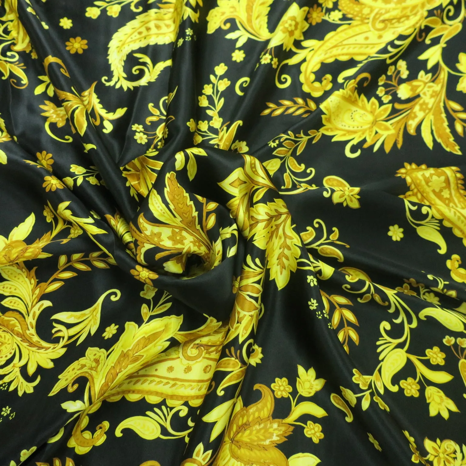 Black Background with Gold Floral and Paisleys Printed Silk Charmeuse Fabric