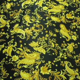 Black Background with Gold Floral and Paisleys Printed Silk Charmeuse Fabric
