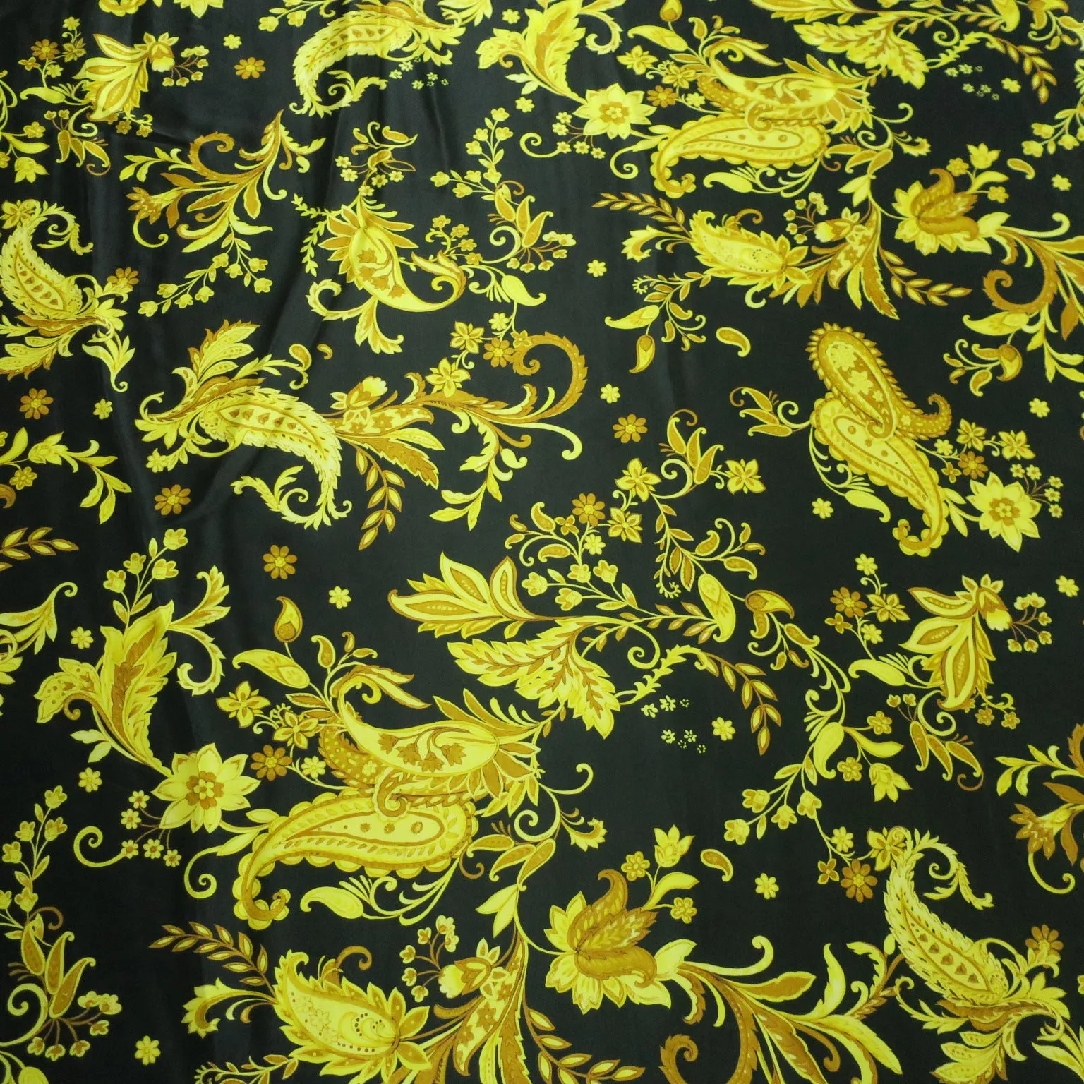 Black Background with Gold Floral and Paisleys Printed Silk Charmeuse Fabric