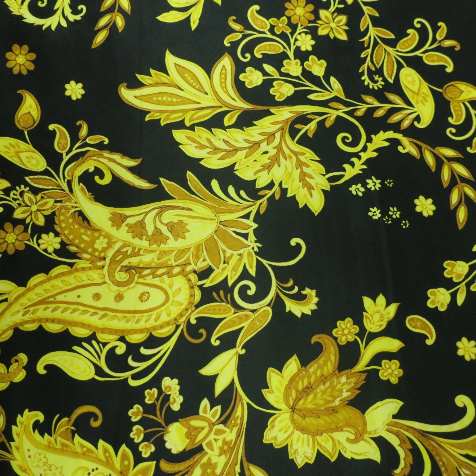 Black Background with Gold Floral and Paisleys Printed Silk Charmeuse Fabric