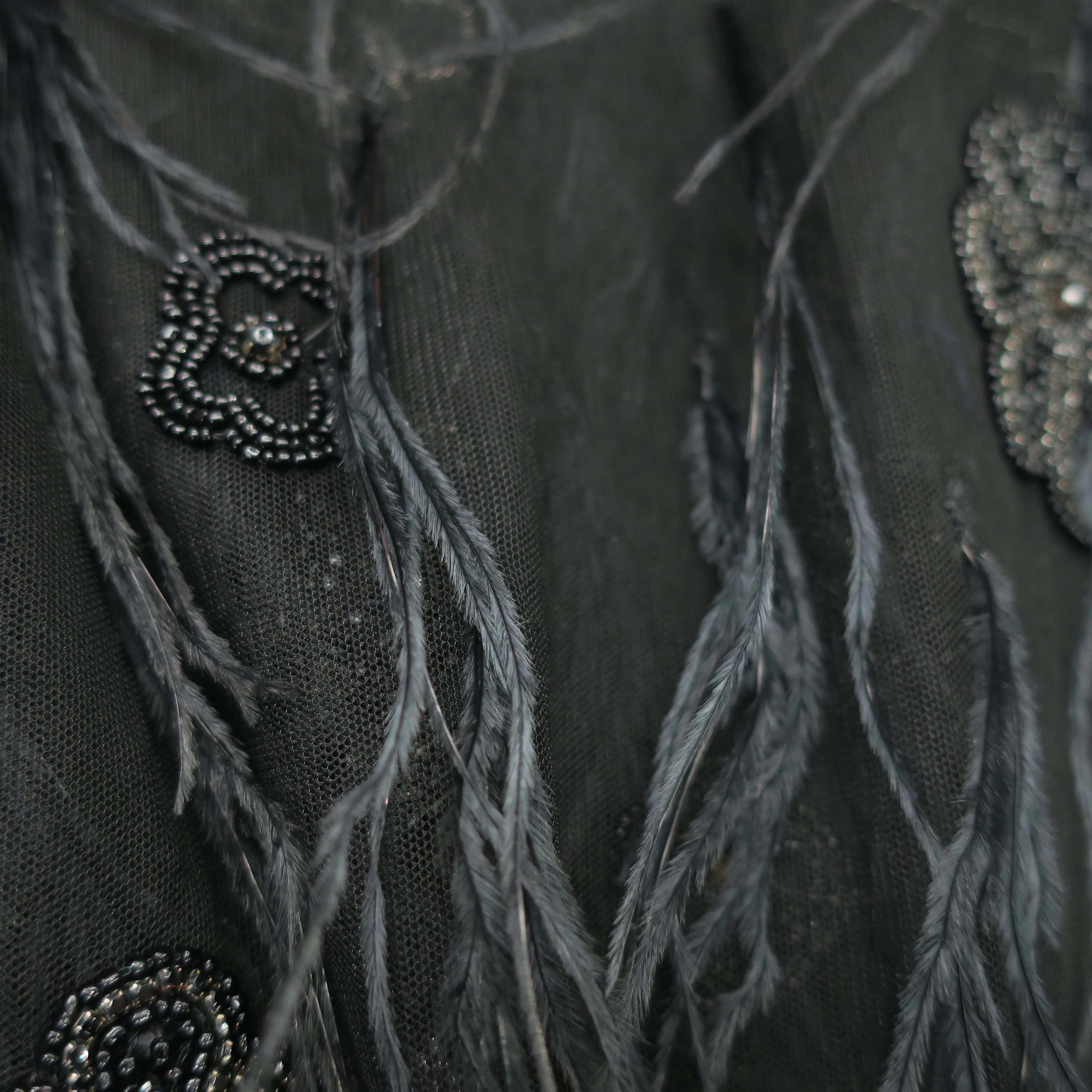 Black Beaded Feathered Embroidered Tulle Fabric