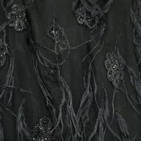 Black Beaded Feathered Embroidered Tulle Fabric