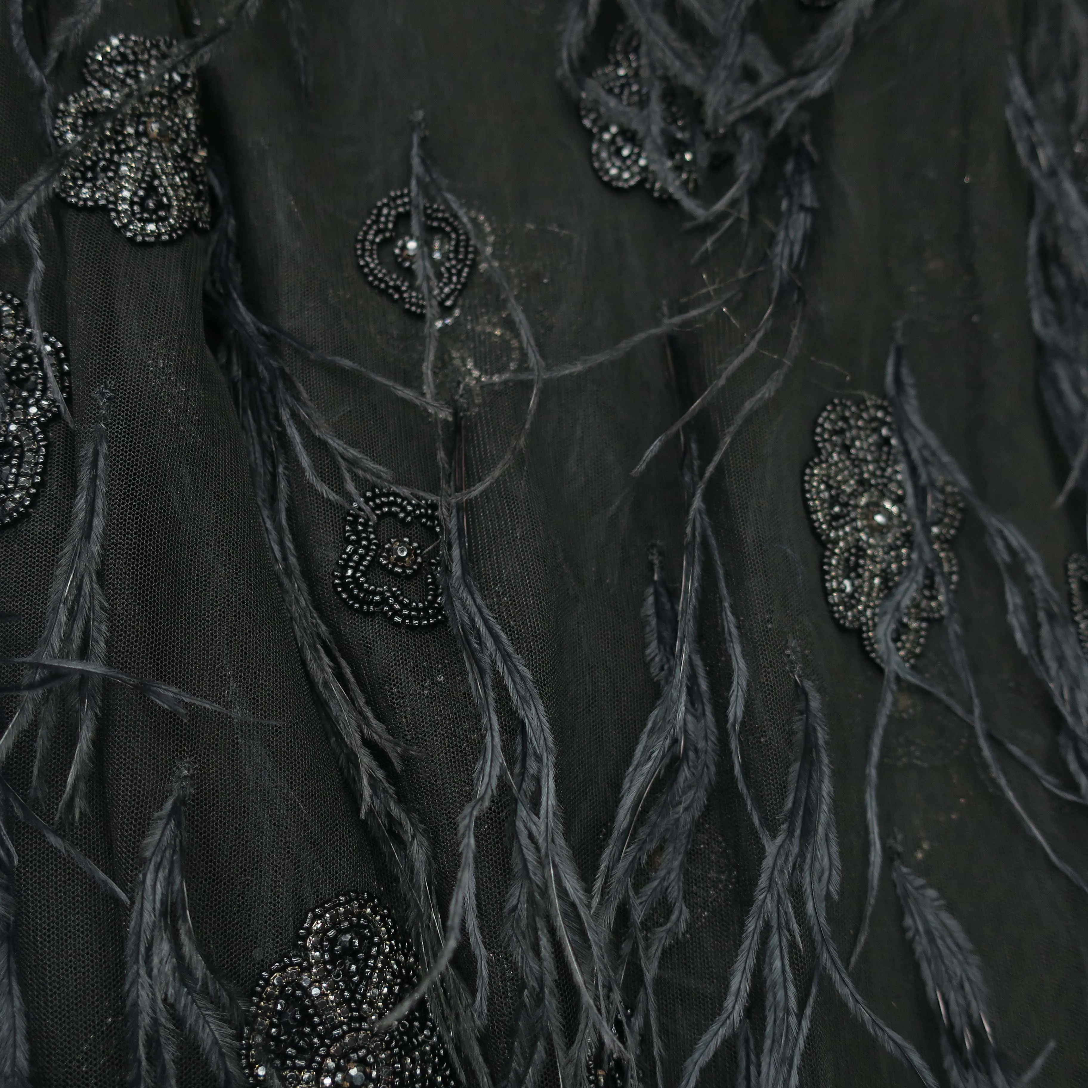 Black Beaded Feathered Embroidered Tulle Fabric