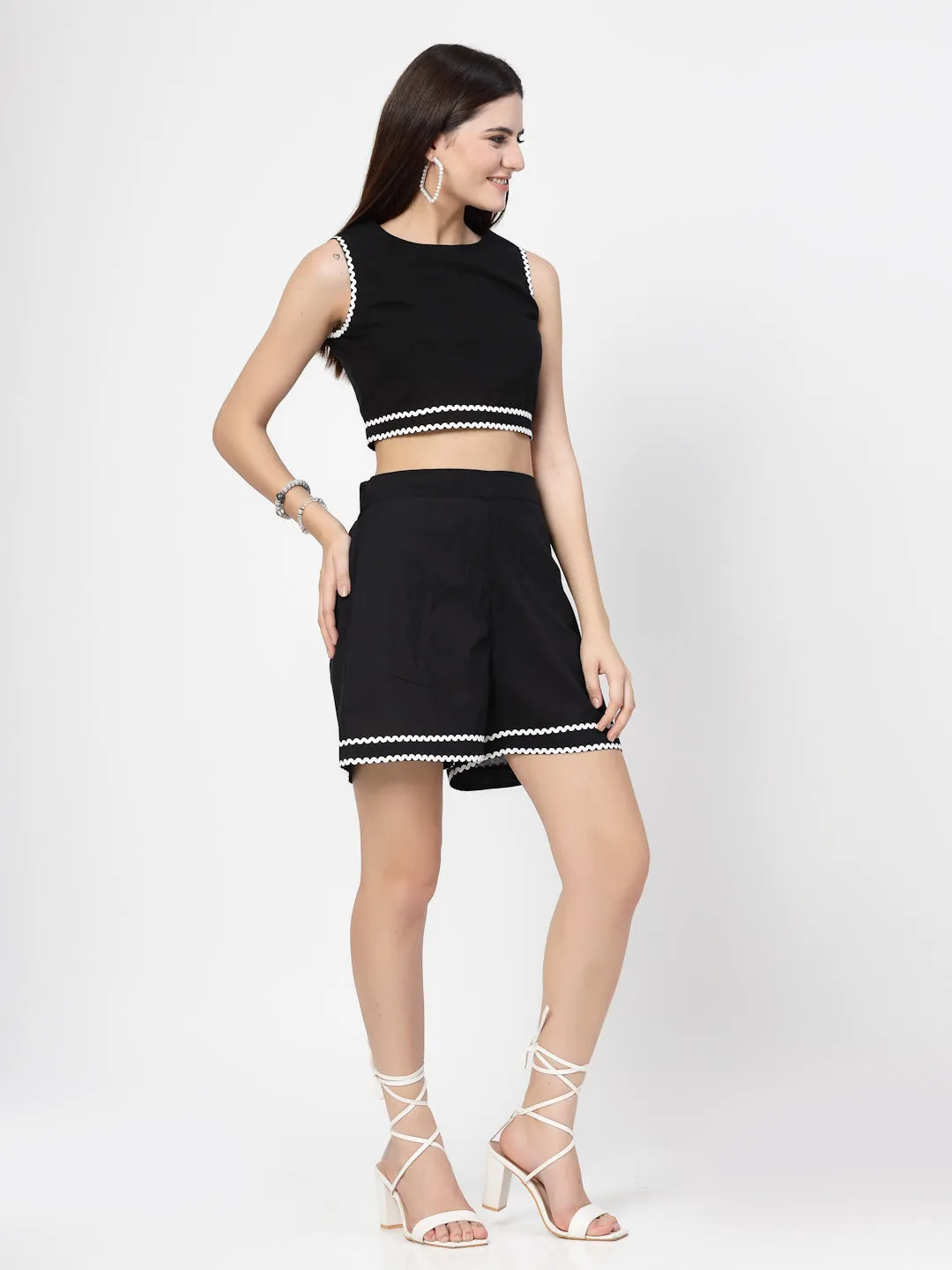 Black Cotton Top & Short With Lace Co-Ord Set
