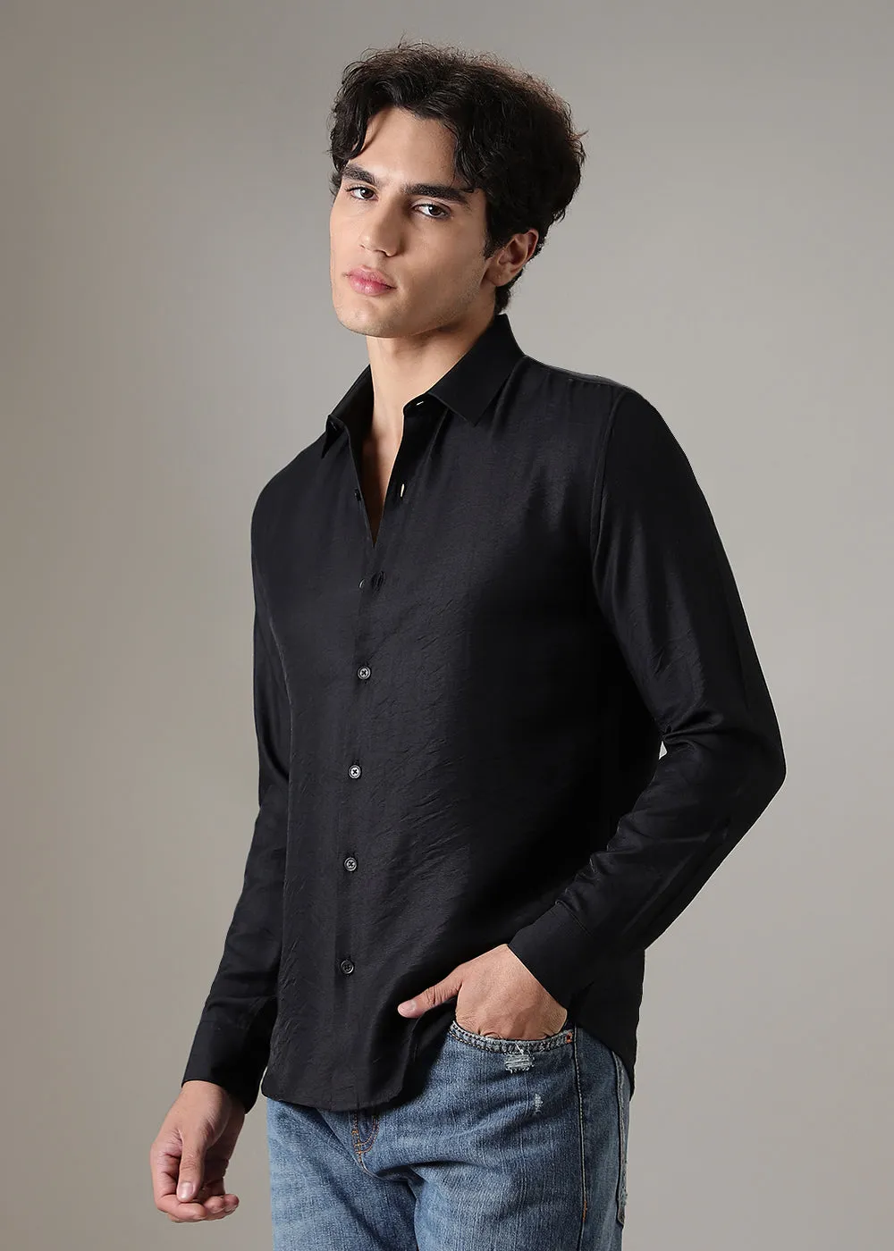 Black Crushed Satin Shirt