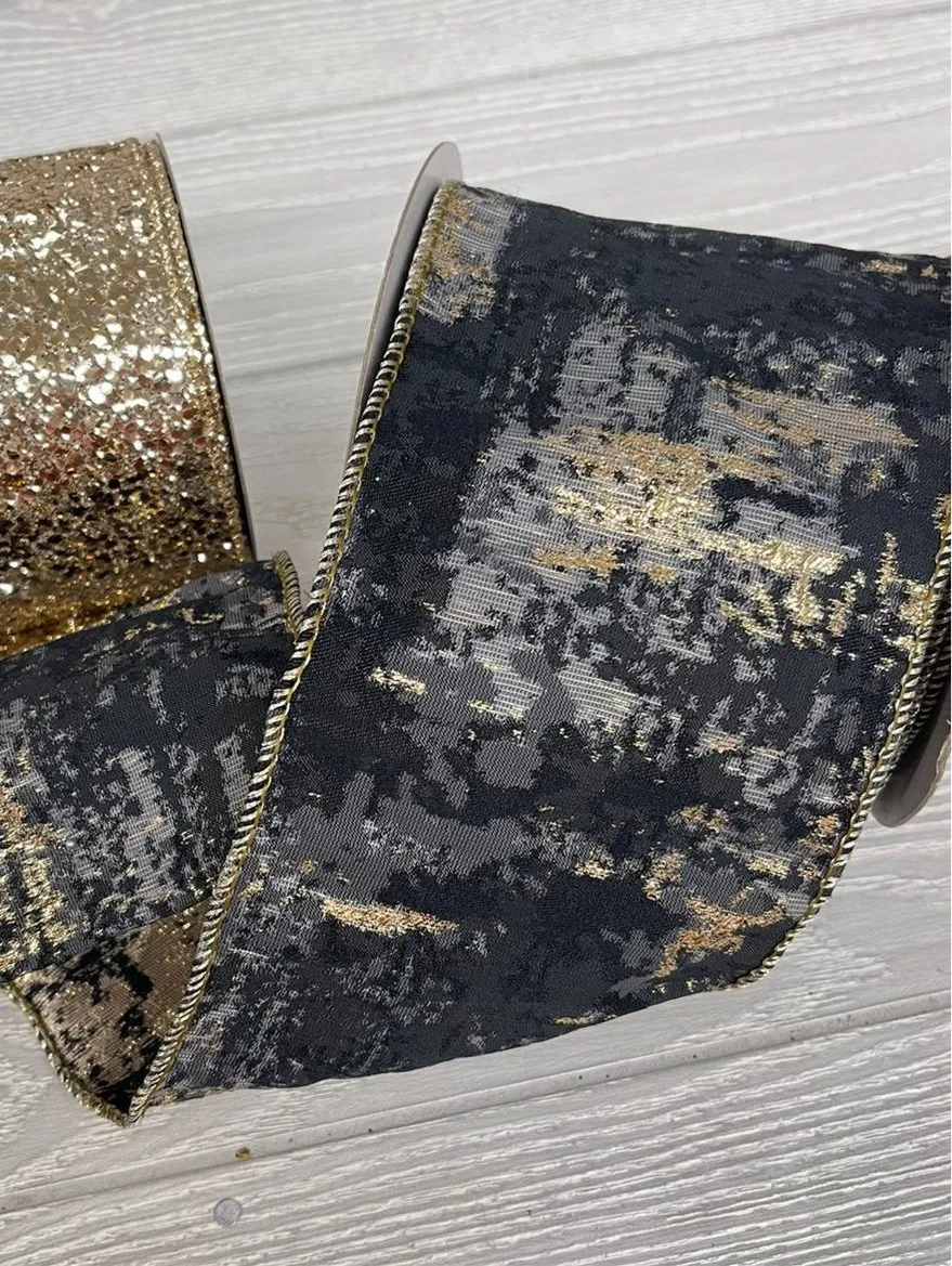 Black, gray, and champagne wired ribbon 4”