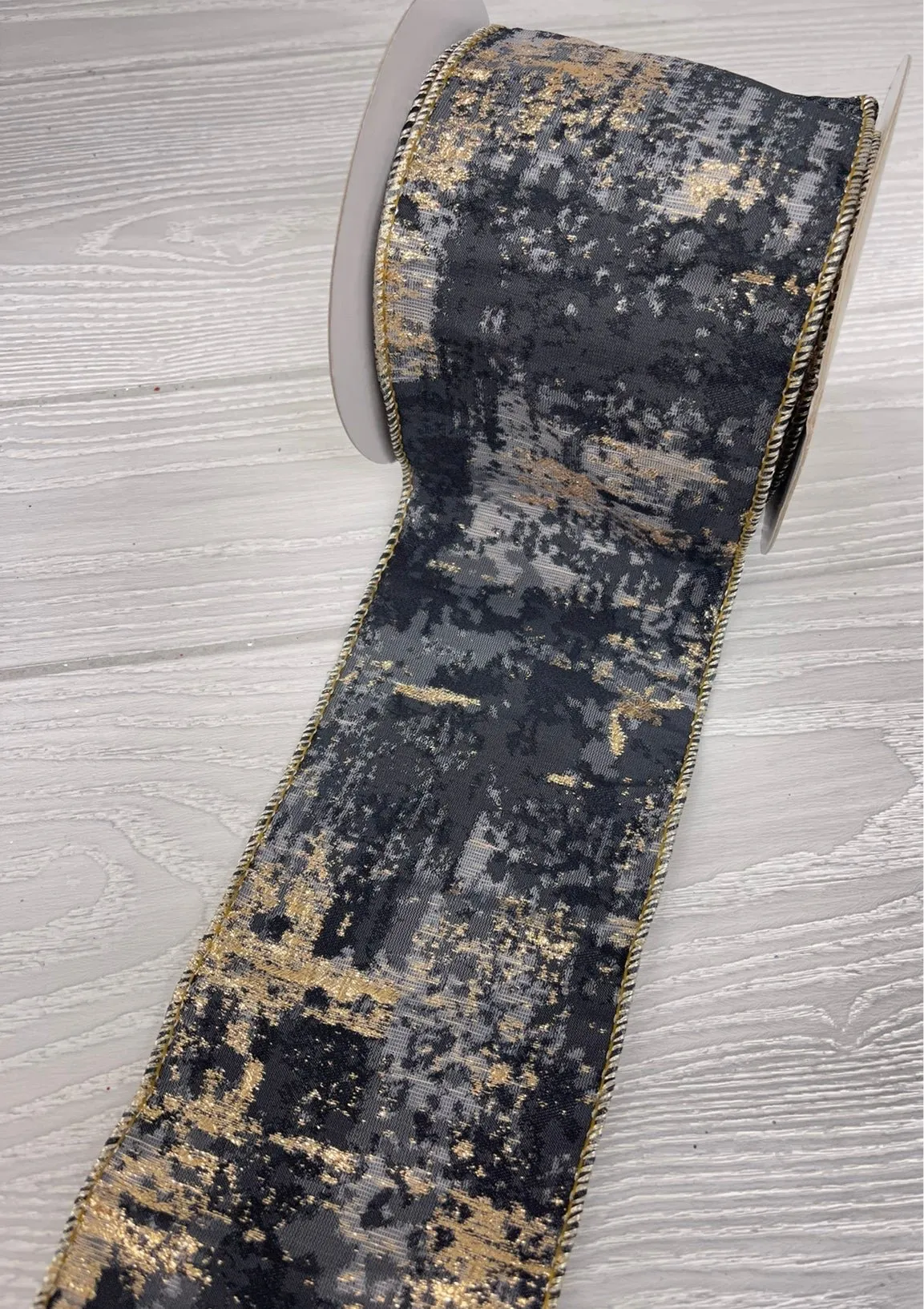 Black, gray, and champagne wired ribbon 4”