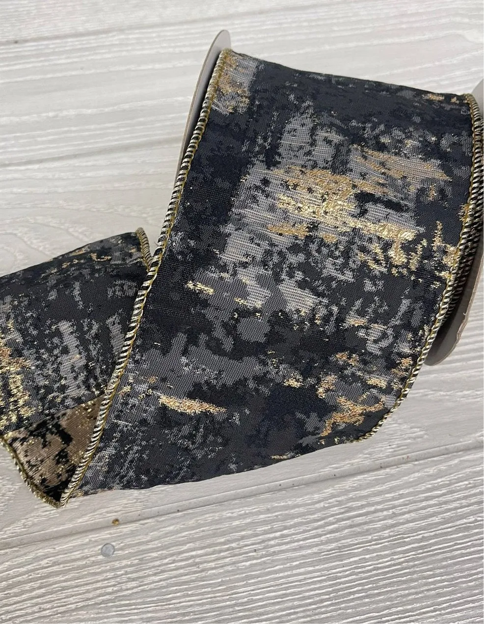 Black, gray, and champagne wired ribbon 4”