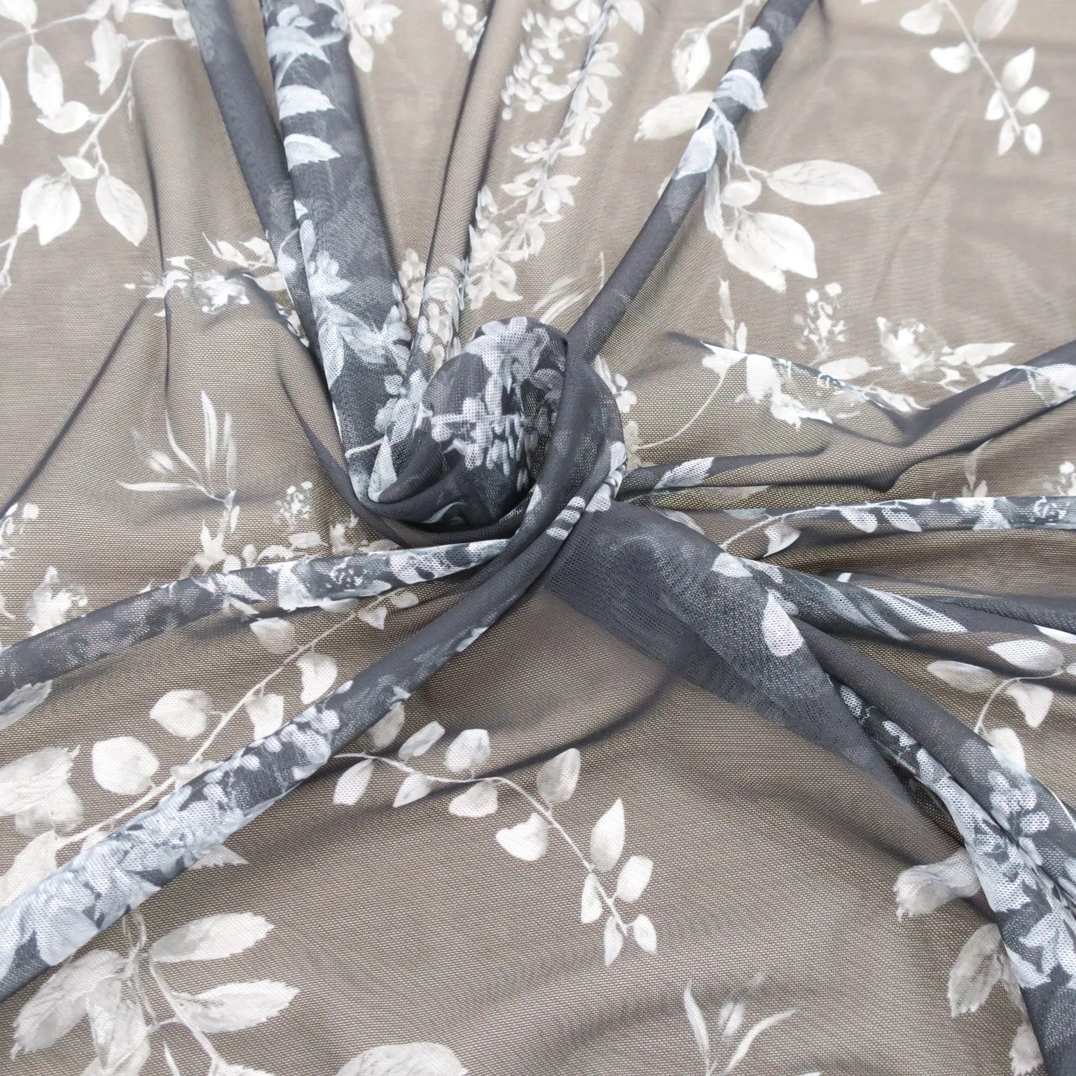 Black Stretch Netting with Floral Design Embroidered Tulle Fabric