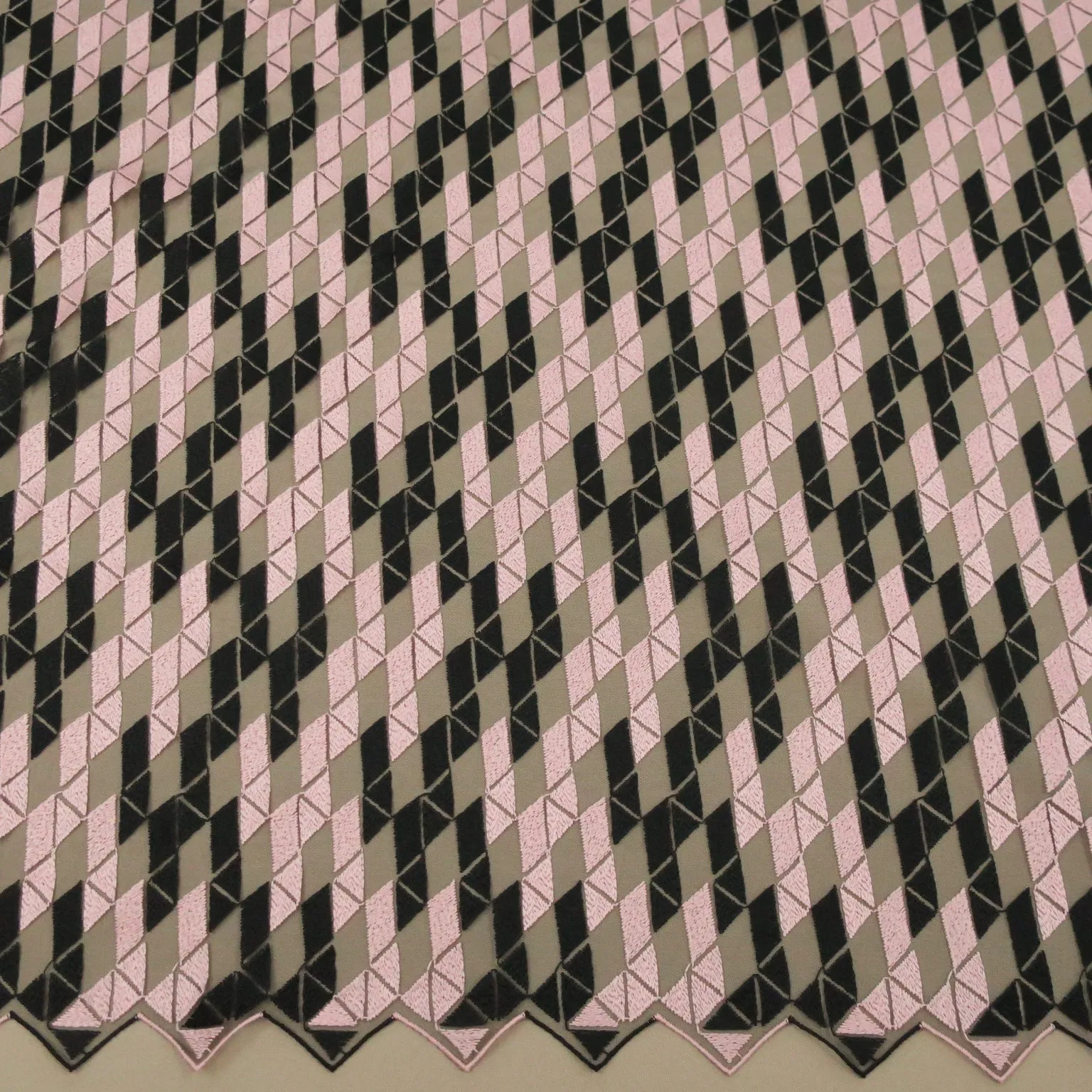 Black Tulle with Black and Light Pink Geometric Pattern Embroidered Fabric