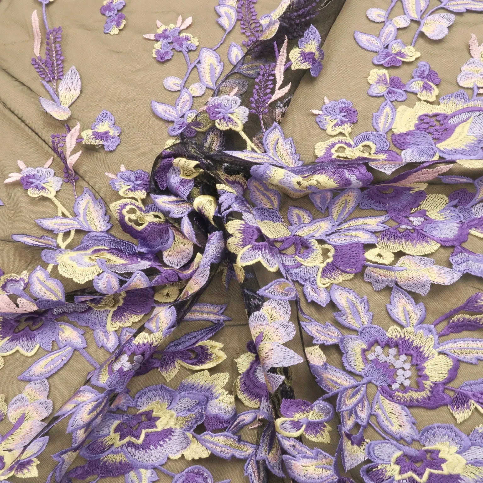 Black Tulle with Light Purple Floral Embroidered Fabric