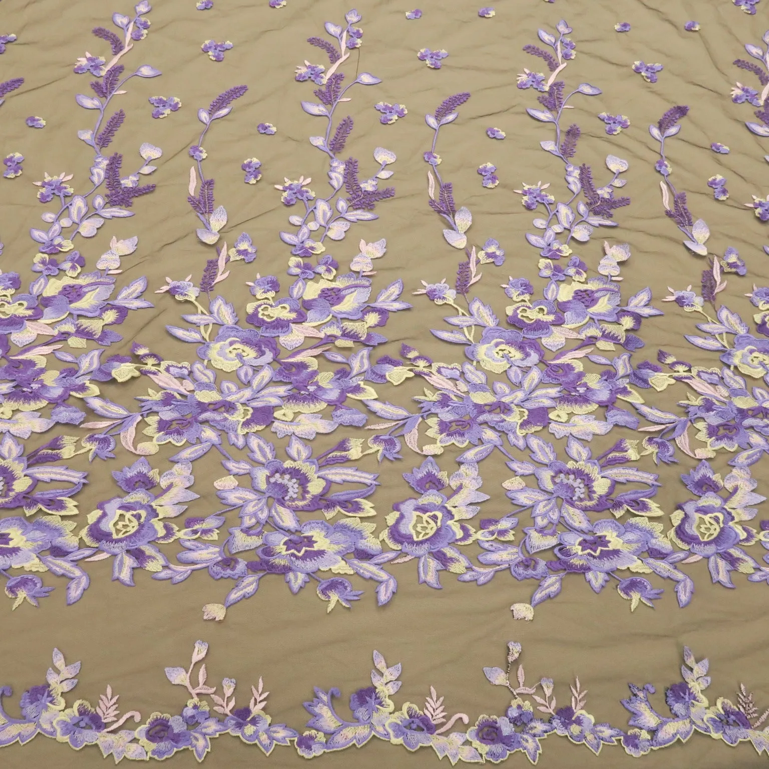 Black Tulle with Light Purple Floral Embroidered Fabric