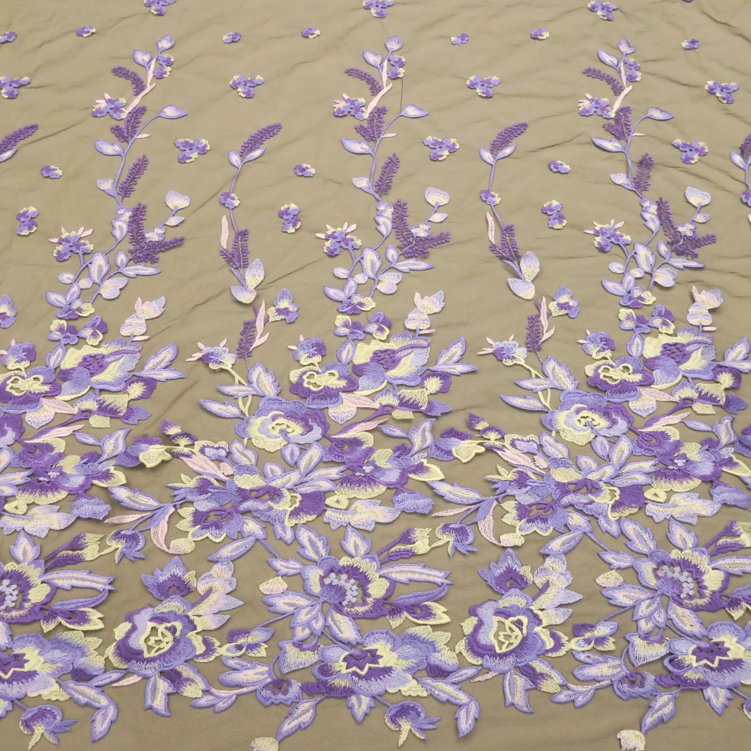 Black Tulle with Light Purple Floral Embroidered Fabric