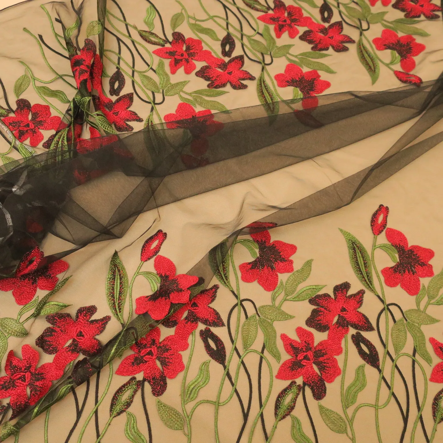 Black Tulle with Multicolored Floral Embroidered Fabric