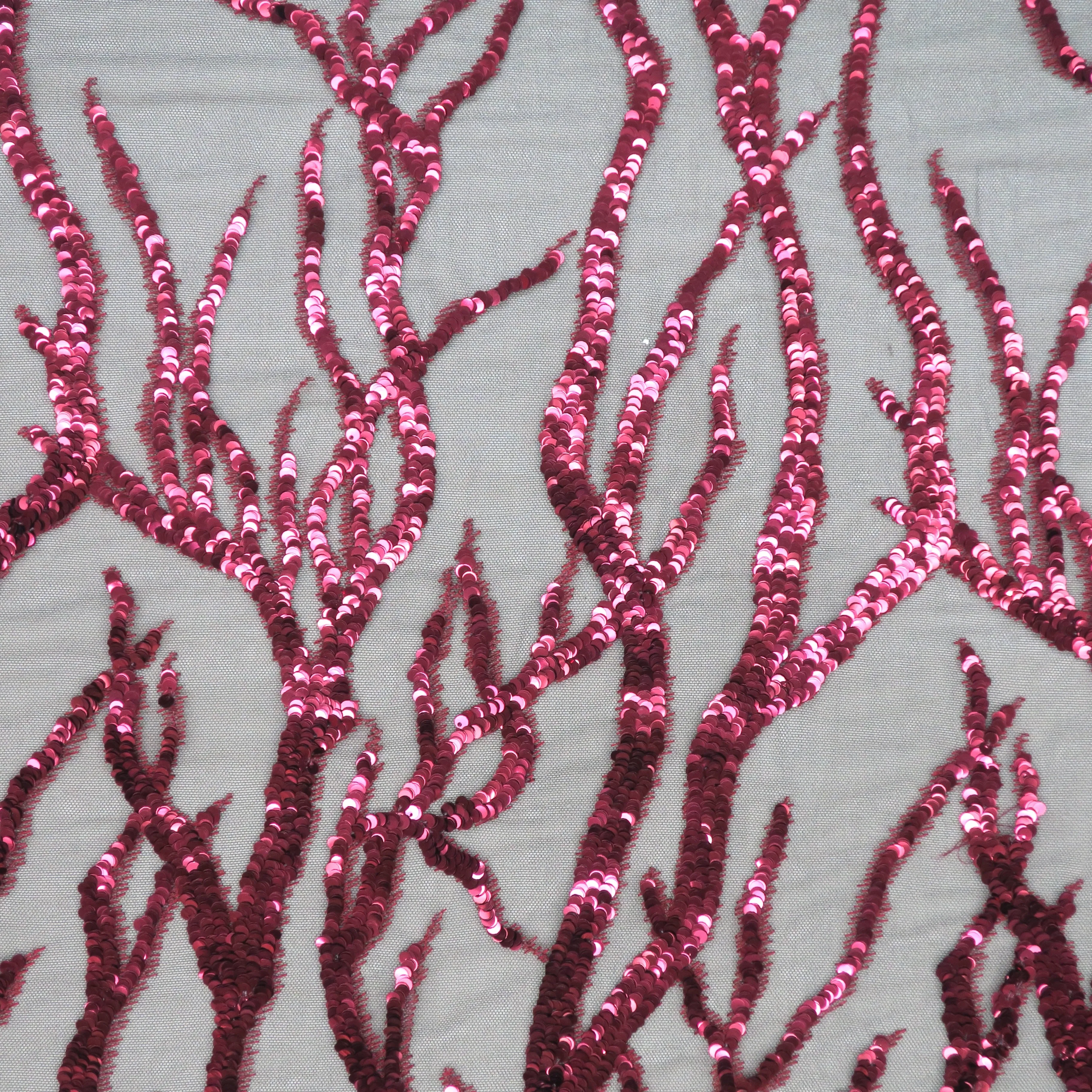 Black Tulle with Red Sequin Branch Design Embroidered Fabric