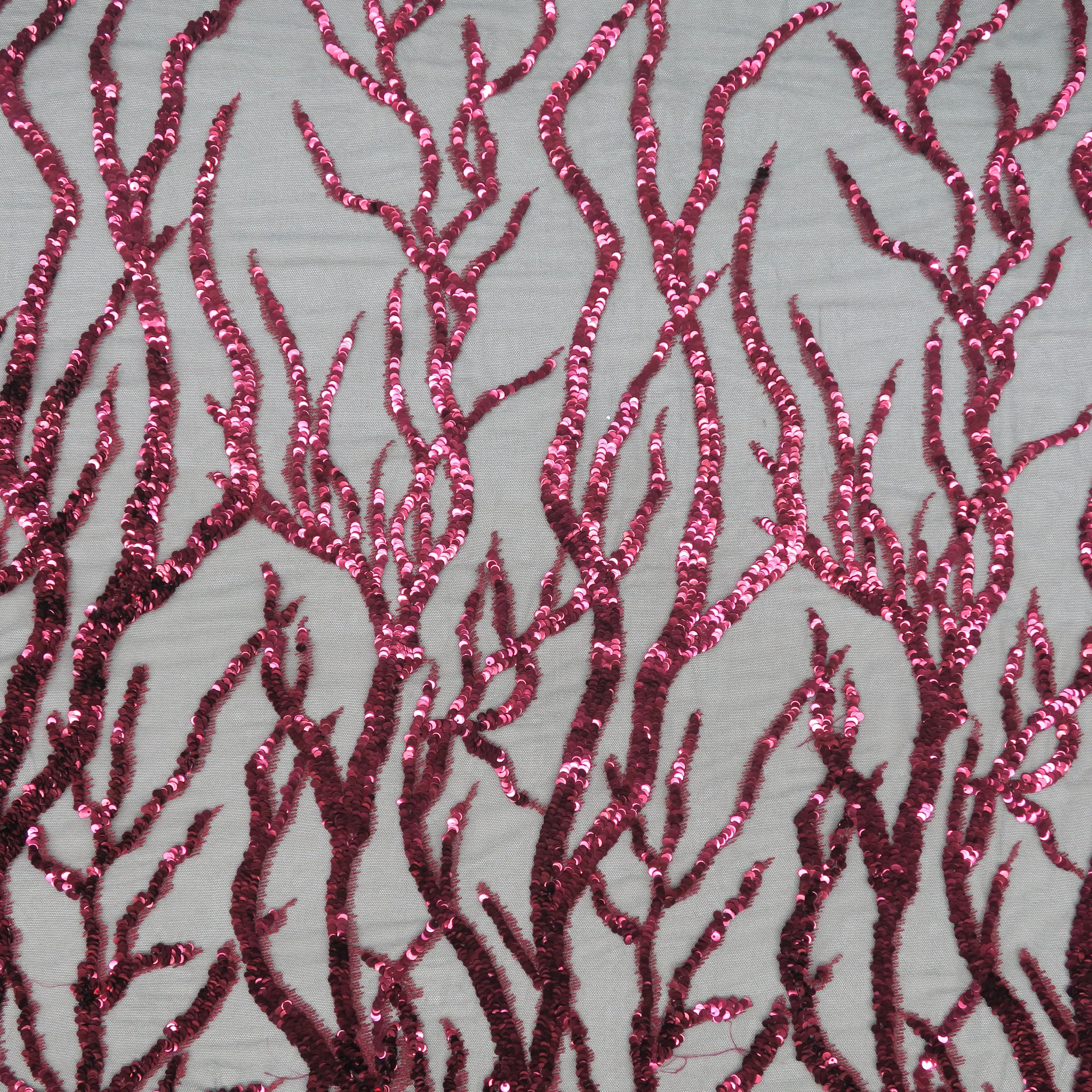 Black Tulle with Red Sequin Branch Design Embroidered Fabric