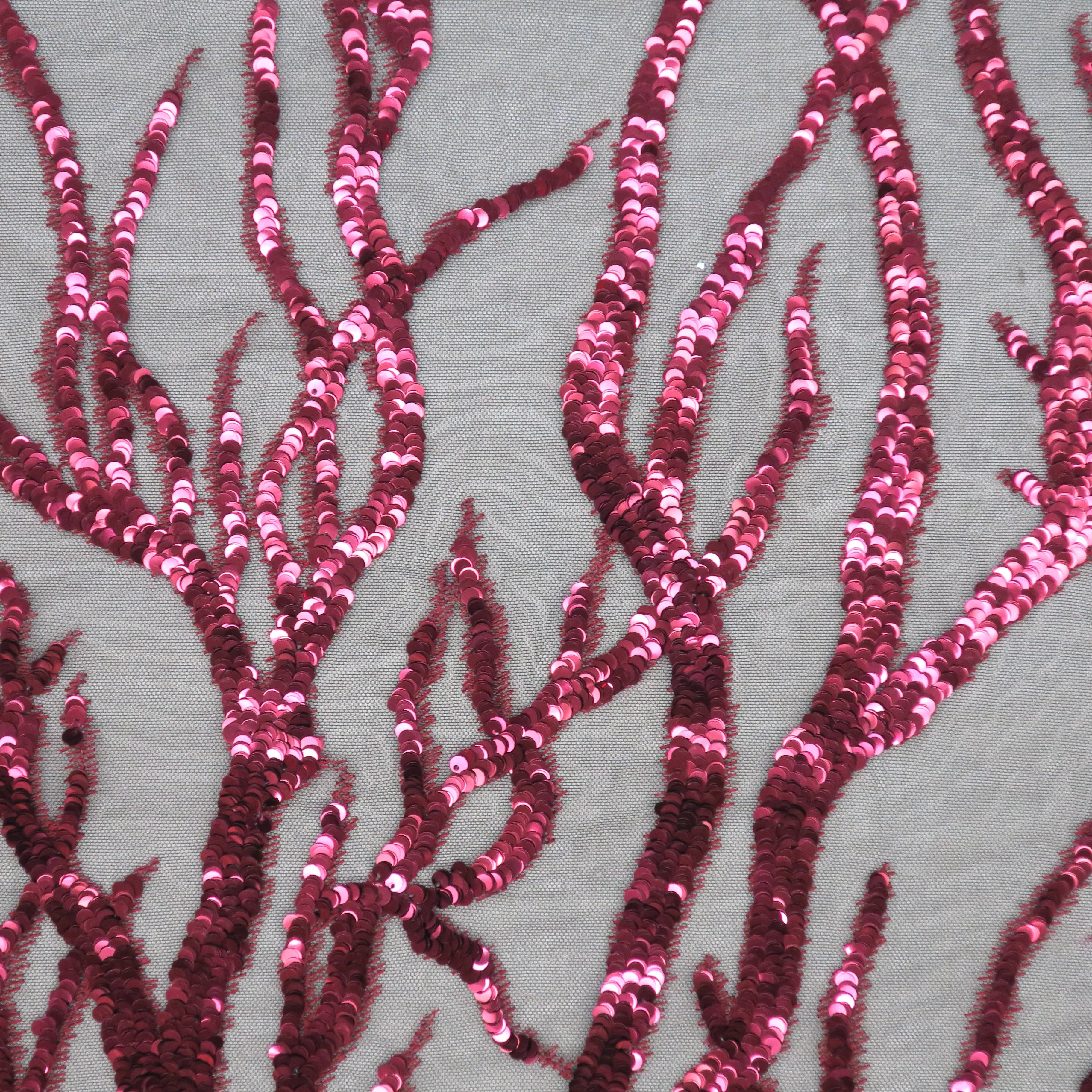 Black Tulle with Red Sequin Branch Design Embroidered Fabric