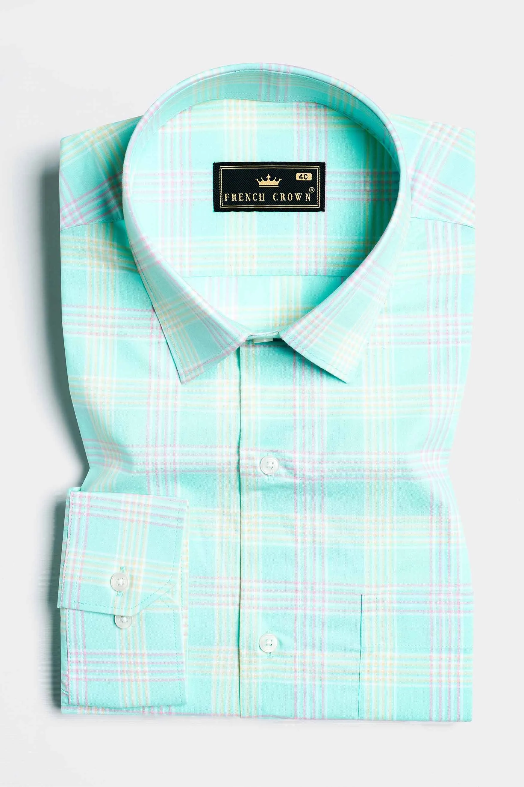 Blizzard Blue with Lilac Purple and Buff Yellow Checkered Premium Cotton Shirt