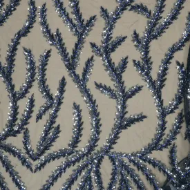 Blue Beaded and Sequined Abstract Embroidered Tulle Fabric
