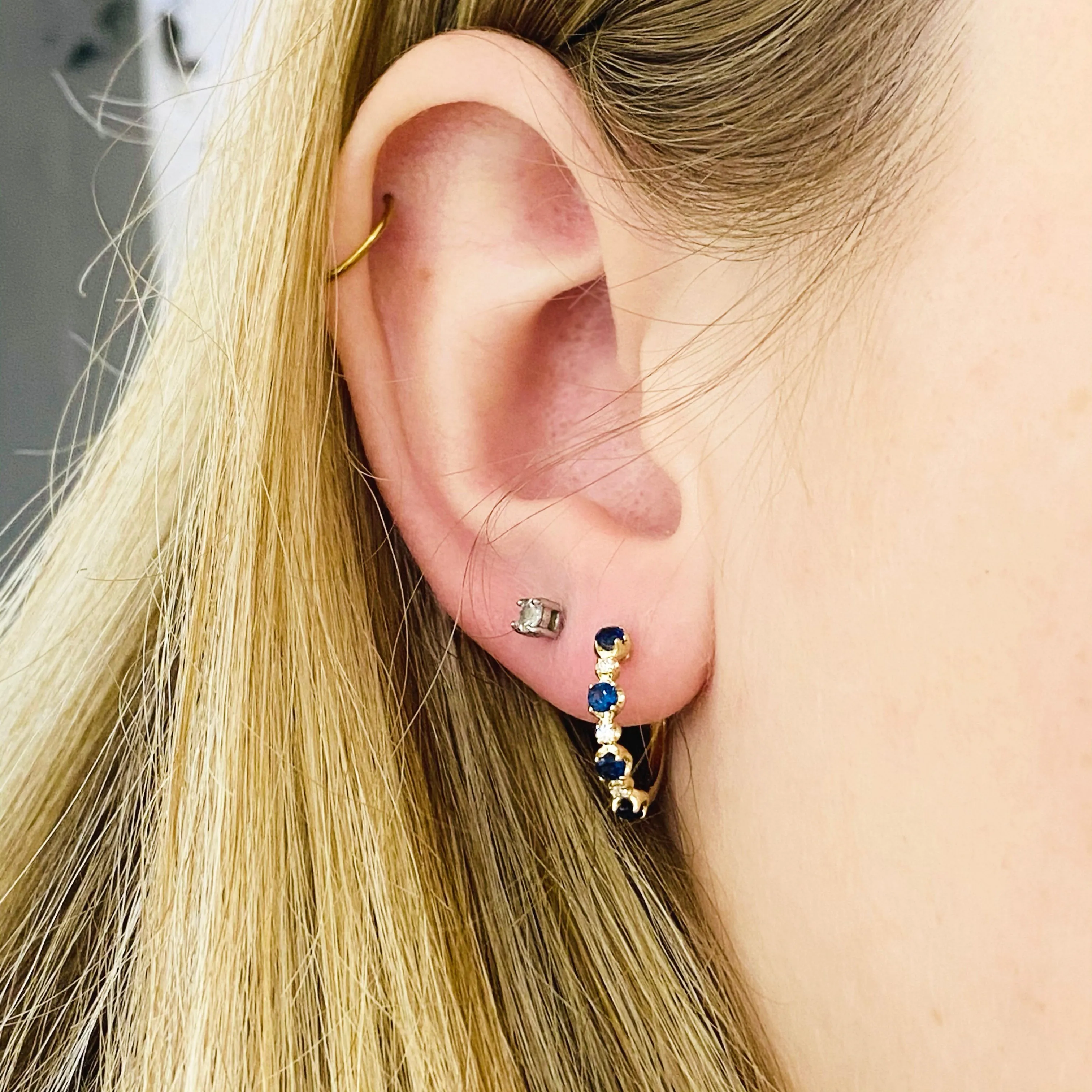 Blue Sapphire & Diamond Huggie Earrings