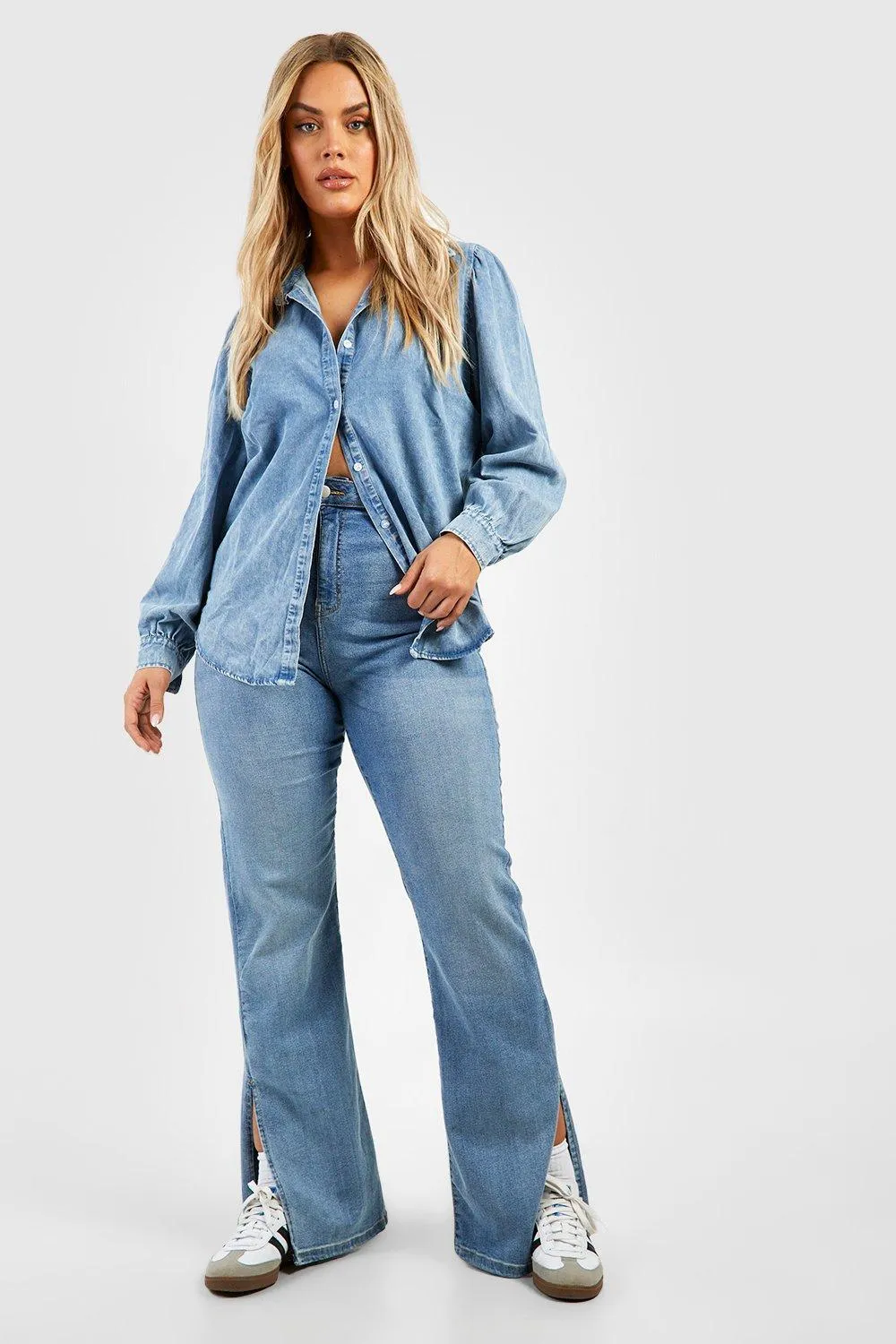 Boohoo plus sleeve denim shirt, gray
