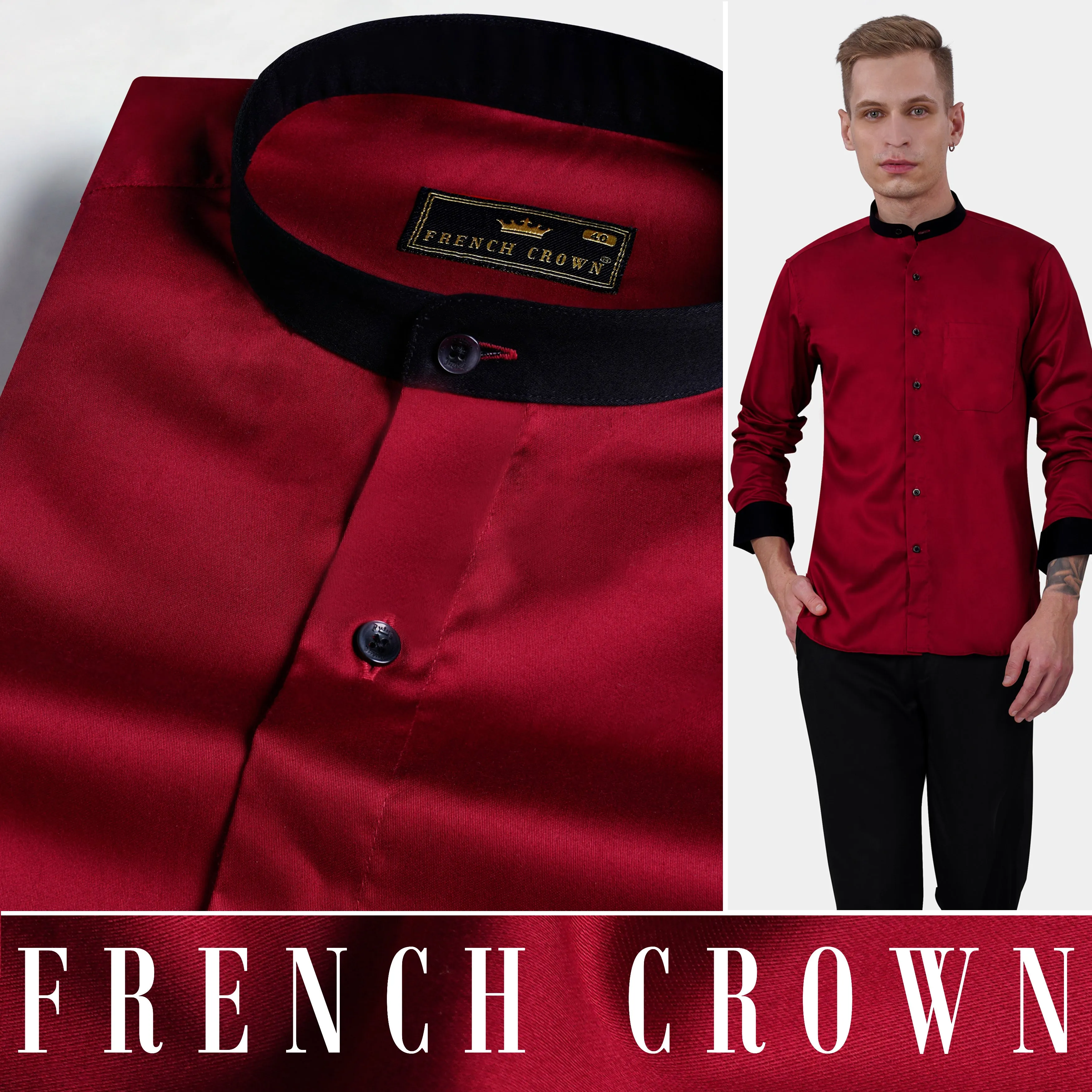 Bordeaux Red with Black Cuffs and Collar Subtle Sheen Super Soft Premium Cotton Shirt