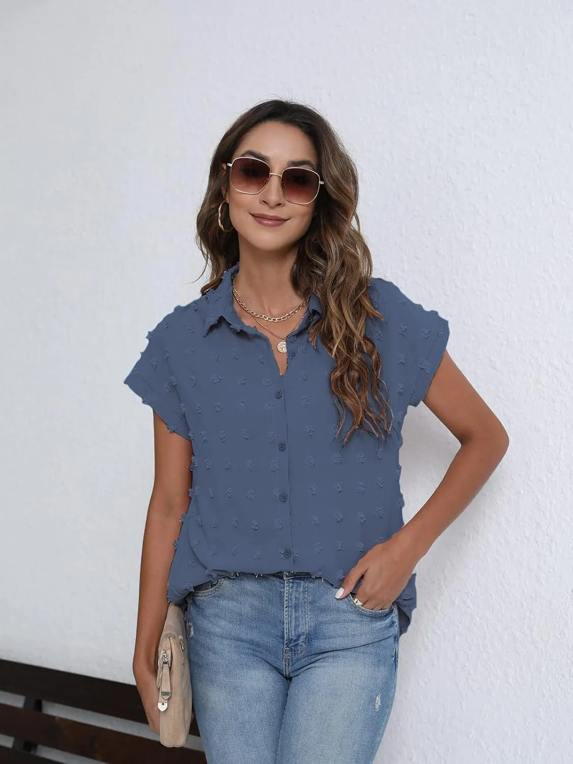BOTHENIAL Women White Button Down Shirt Dressy Casual Work Tops Chiffon Blouse Summer Short Sleeve Shirts