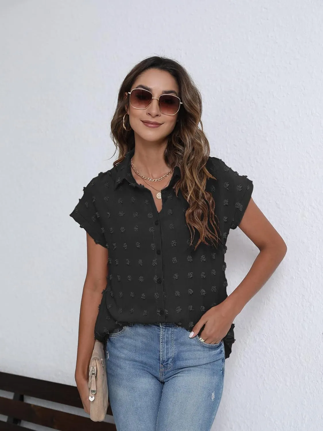 BOTHENIAL Women White Button Down Shirt Dressy Casual Work Tops Chiffon Blouse Summer Short Sleeve Shirts