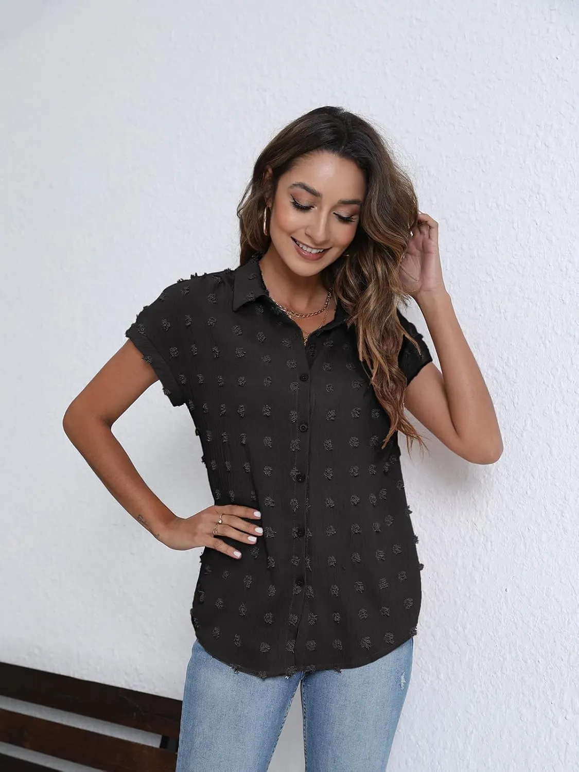 BOTHENIAL Women White Button Down Shirt Dressy Casual Work Tops Chiffon Blouse Summer Short Sleeve Shirts