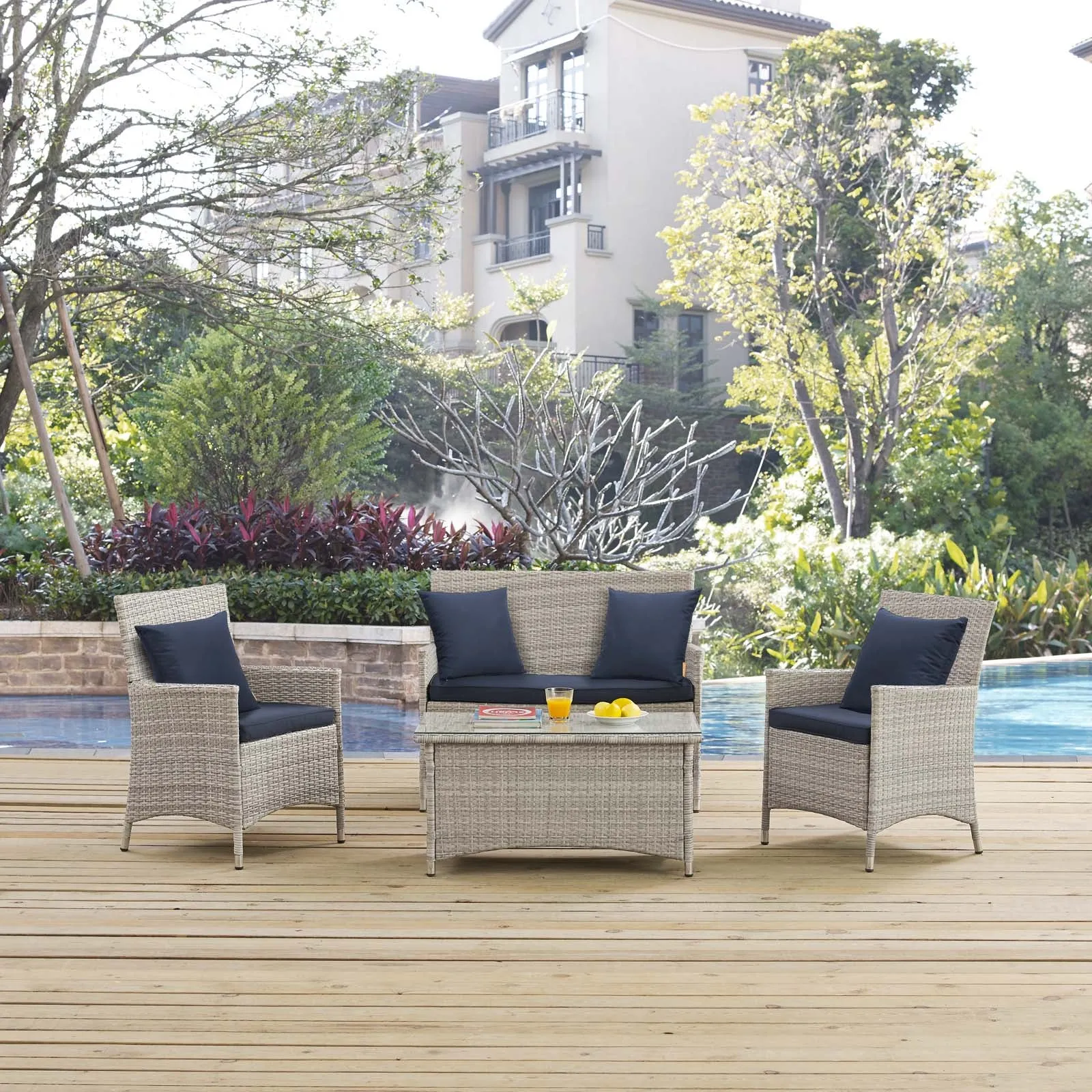 Bridge 4 Piece Outdoor Patio Patio Conversation Set with Pillow Set by Modway
