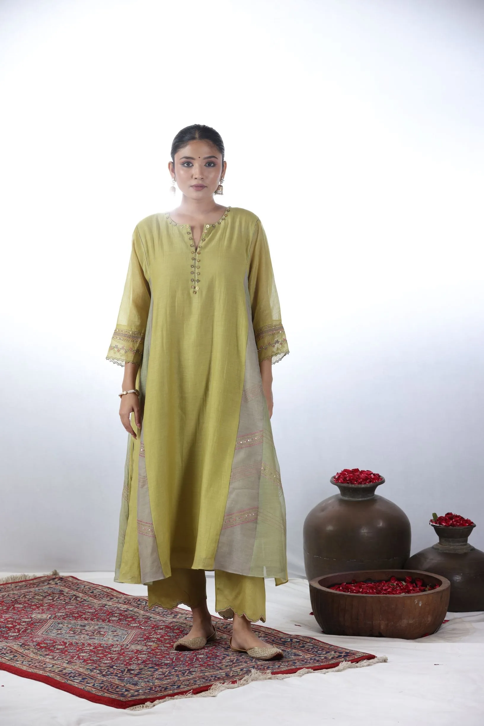 CHAND EMBROIDERED KURTA SET - LIME YELLOW