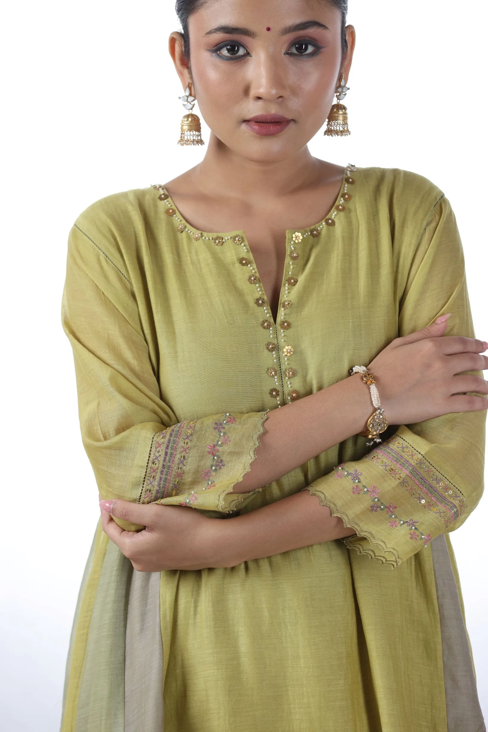 CHAND EMBROIDERED KURTA SET - LIME YELLOW