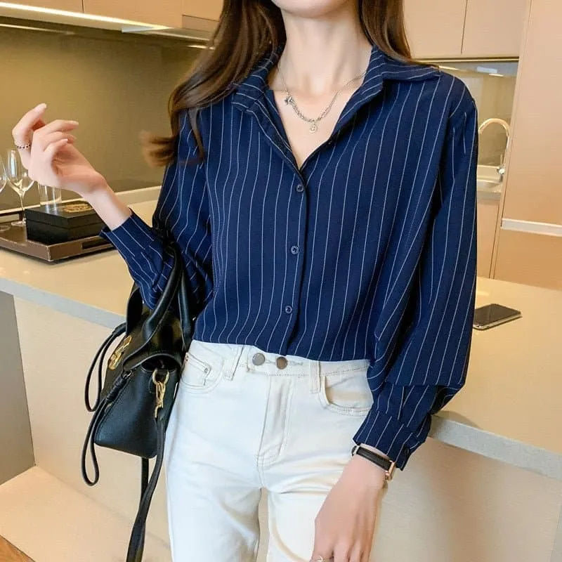 Chiffon Long Sleeve Striped Blouse for Women - Chic Office Lady Style, Autumn 2023 Fashion