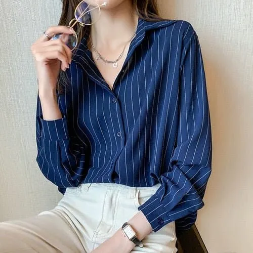 Chiffon Long Sleeve Striped Blouse for Women - Chic Office Lady Style, Autumn 2023 Fashion