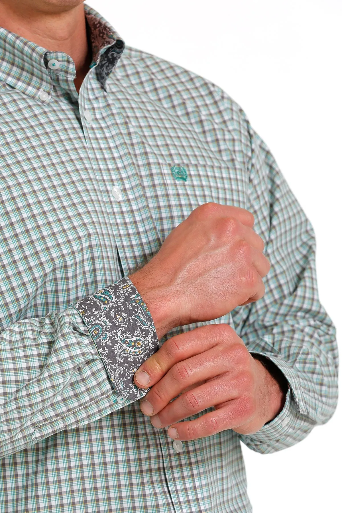 Cinch Mens Plaid Buttoned Down Western L/S Shirt - White/Grey/Gold - MTW1105585