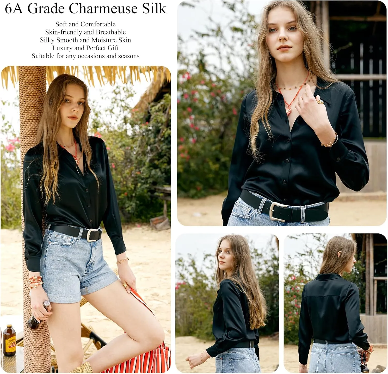 COLD POSH Silk Blouses for Women Elegant Tops Summer Spring Shirts Mulberry Silk Button Down Shirt