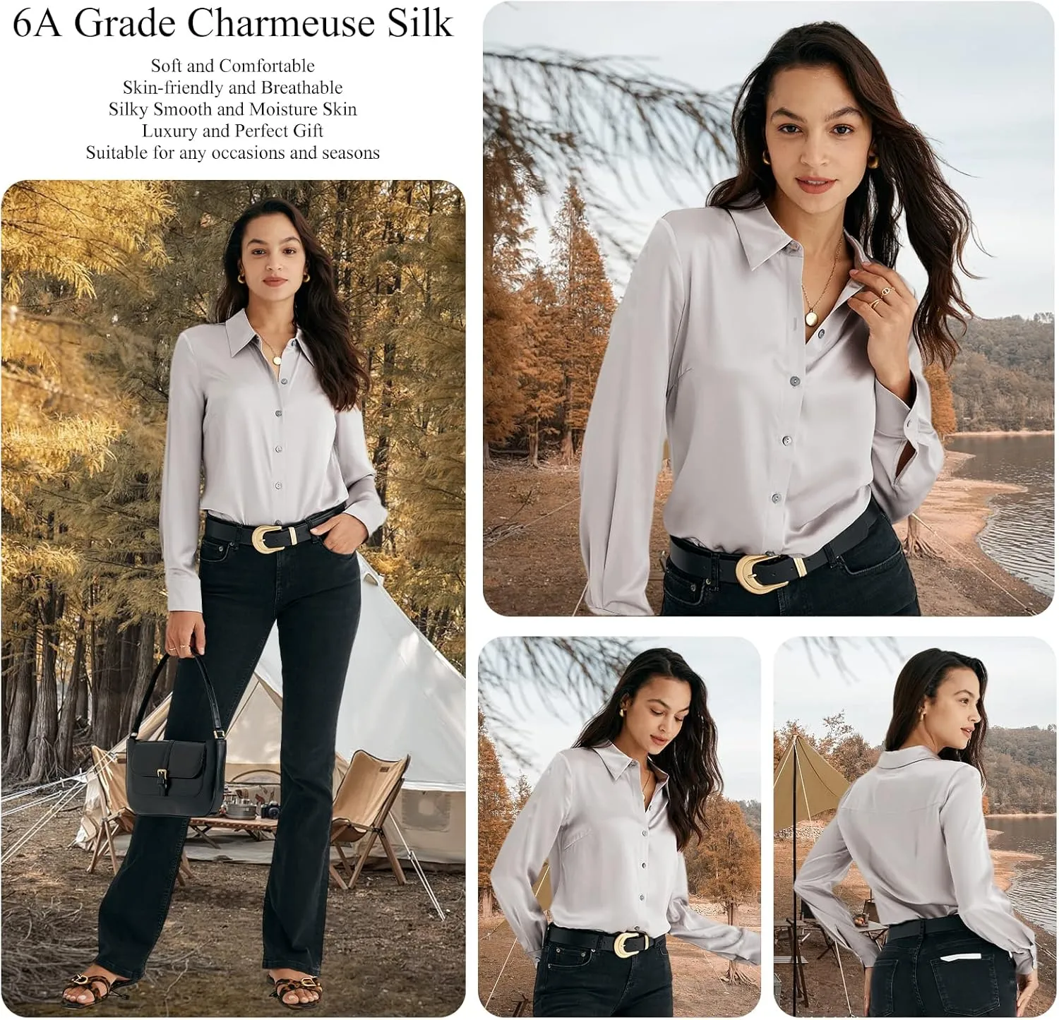 COLD POSH Silk Blouses for Women Elegant Tops Summer Spring Shirts Mulberry Silk Button Down Shirt