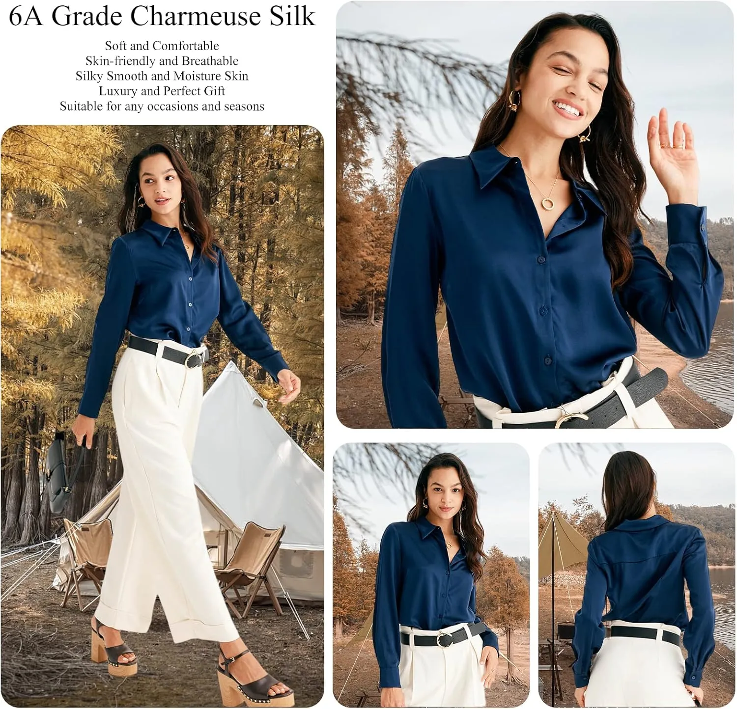 COLD POSH Silk Blouses for Women Elegant Tops Summer Spring Shirts Mulberry Silk Button Down Shirt