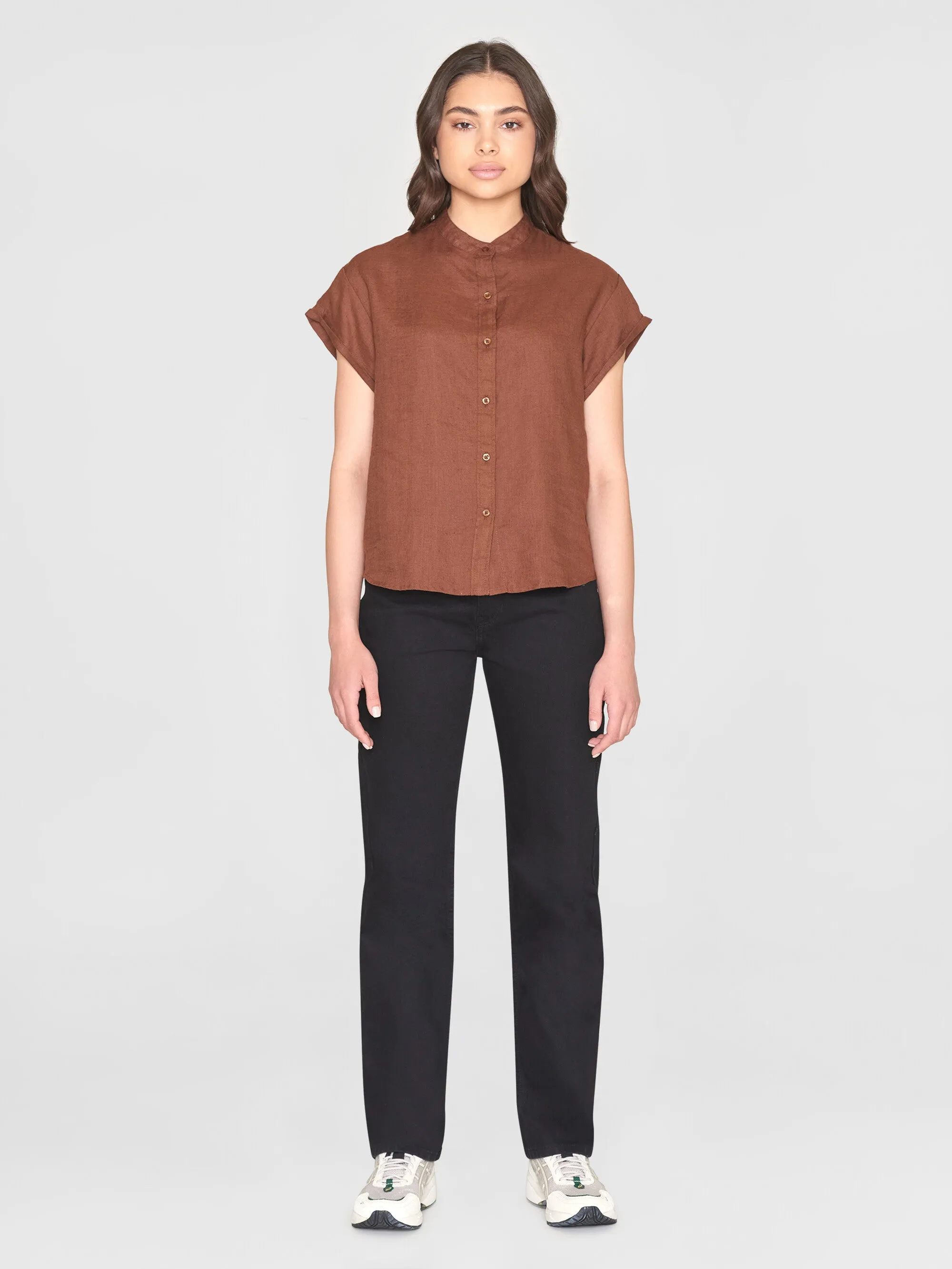 Collar stand short sleeve linen shirt - Tiramisu