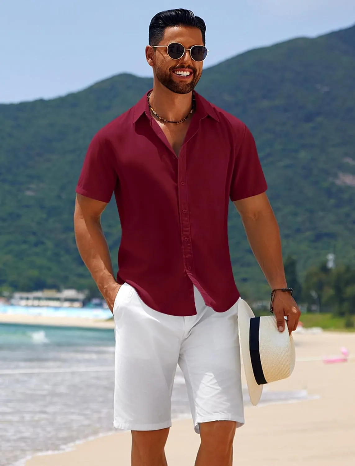 COOFANDY Mens Casual Beach Shirts Short Sleeve Button Down Shirts Summer Vacation Untucked Dress Shirts